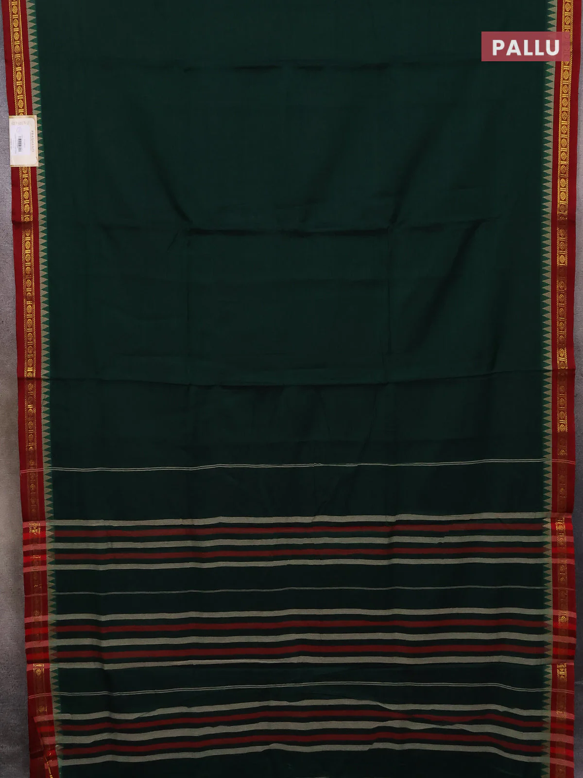 Narayanpet cotton saree bottle green and maroon with plain body and temple thread woven butta border - Image 3