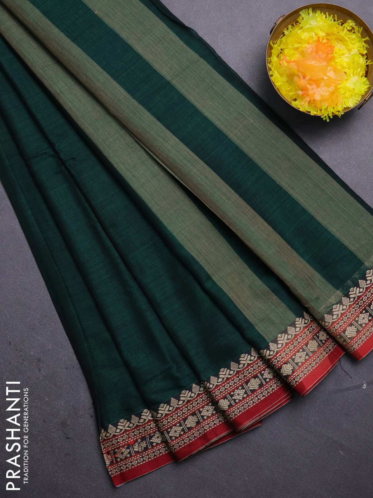 Narayanpet cotton saree bottle green and maroon with plain body and thread woven border