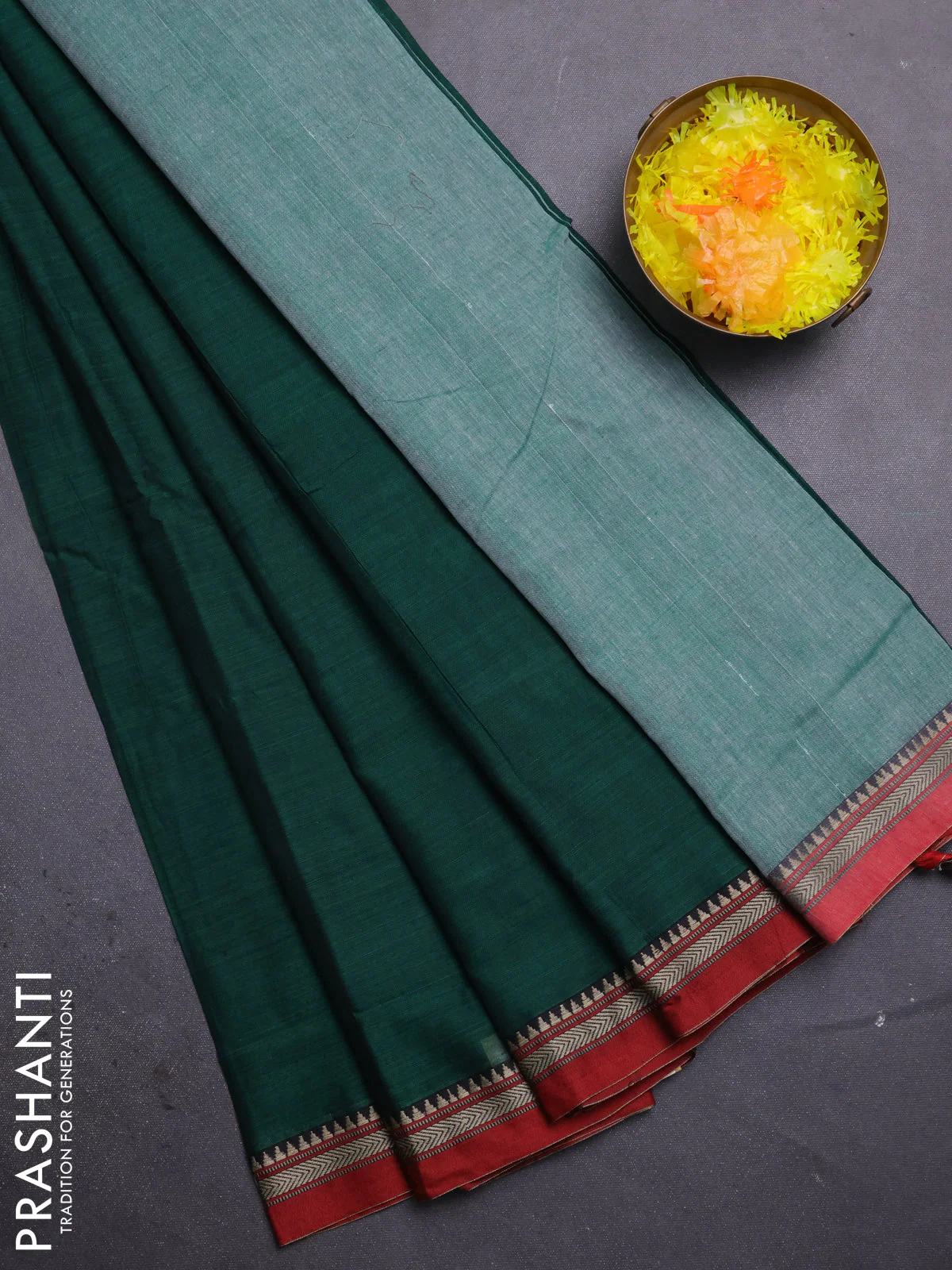 Narayanpet cotton saree bottle green and maroon with plain body and thread woven border