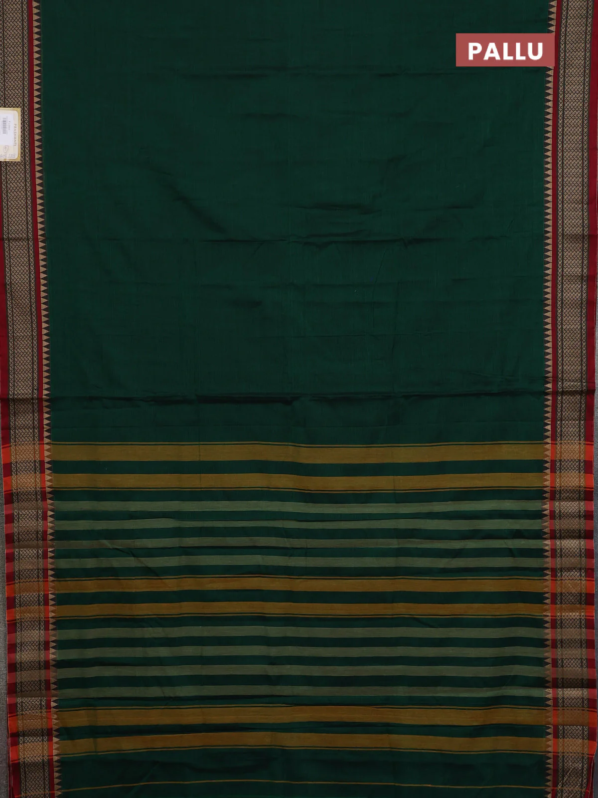 Narayanpet cotton saree bottle green and maroon with plain body and thread woven border - Image 3