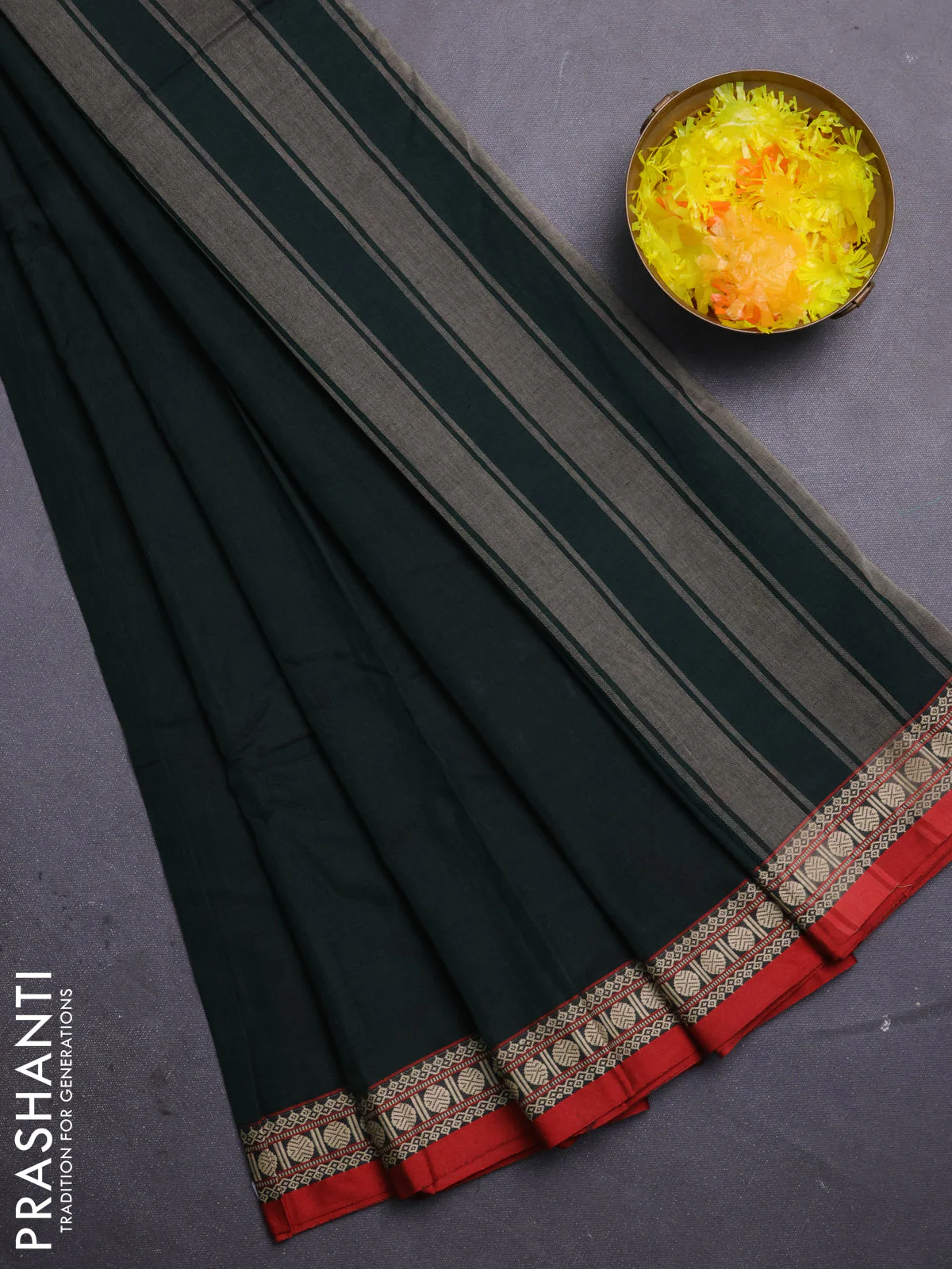 Narayanpet cotton saree bottle green and rust shade with plain body and thread woven butta border