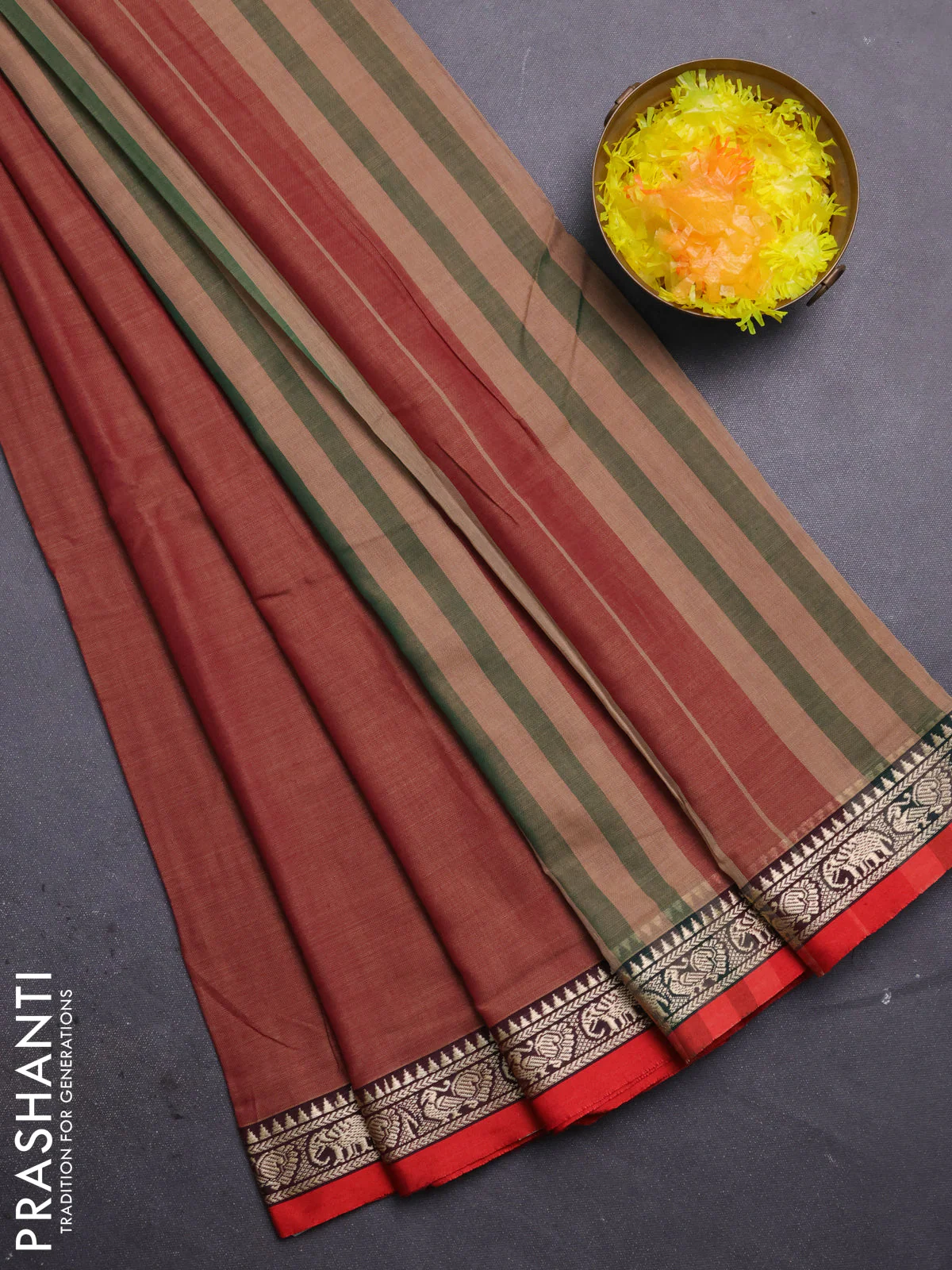 Narayanpet cotton saree brown and rust shade with plain body and thread woven border