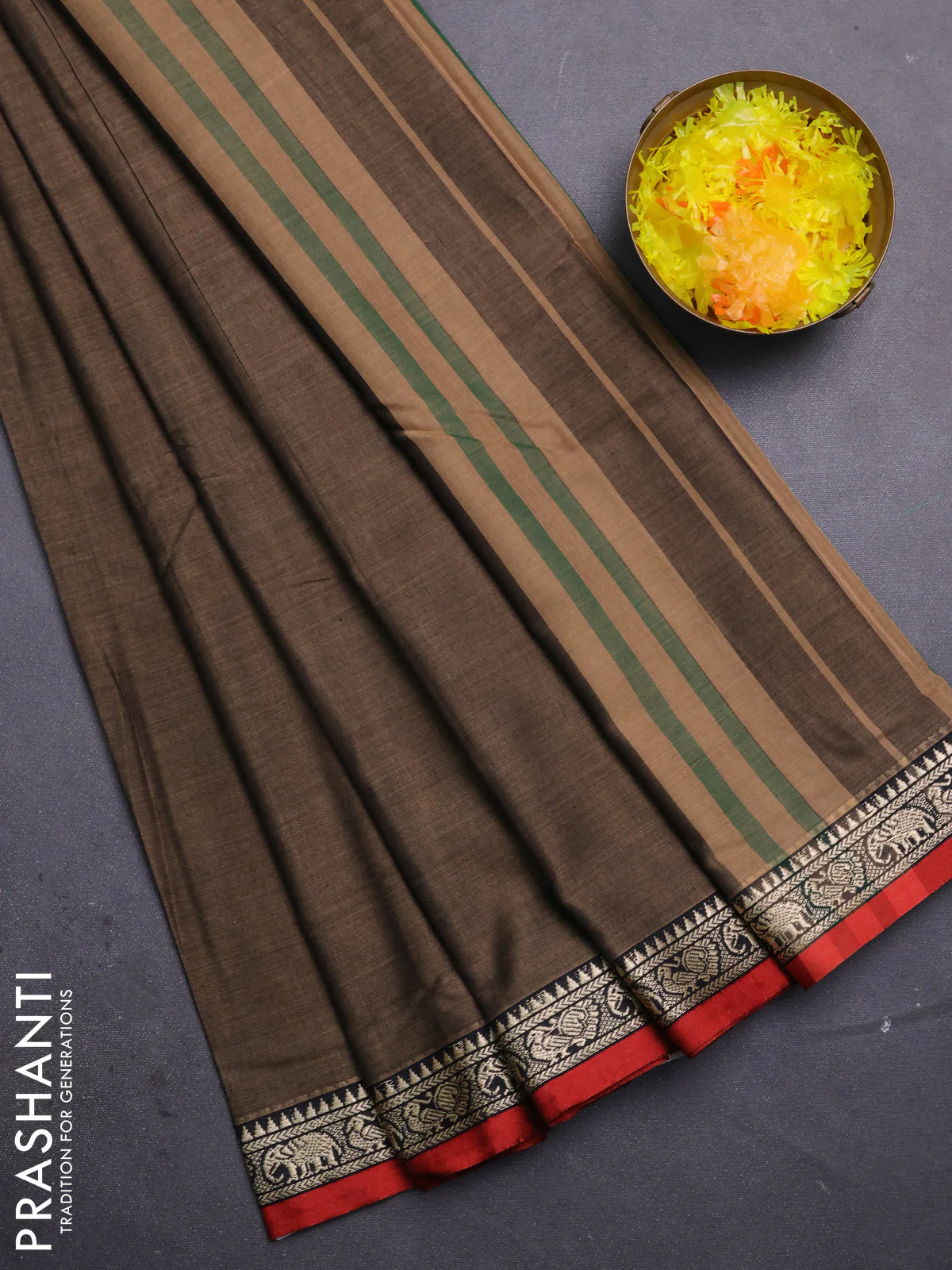 Narayanpet cotton saree chikku shade and rust shade with plain body and thread woven border