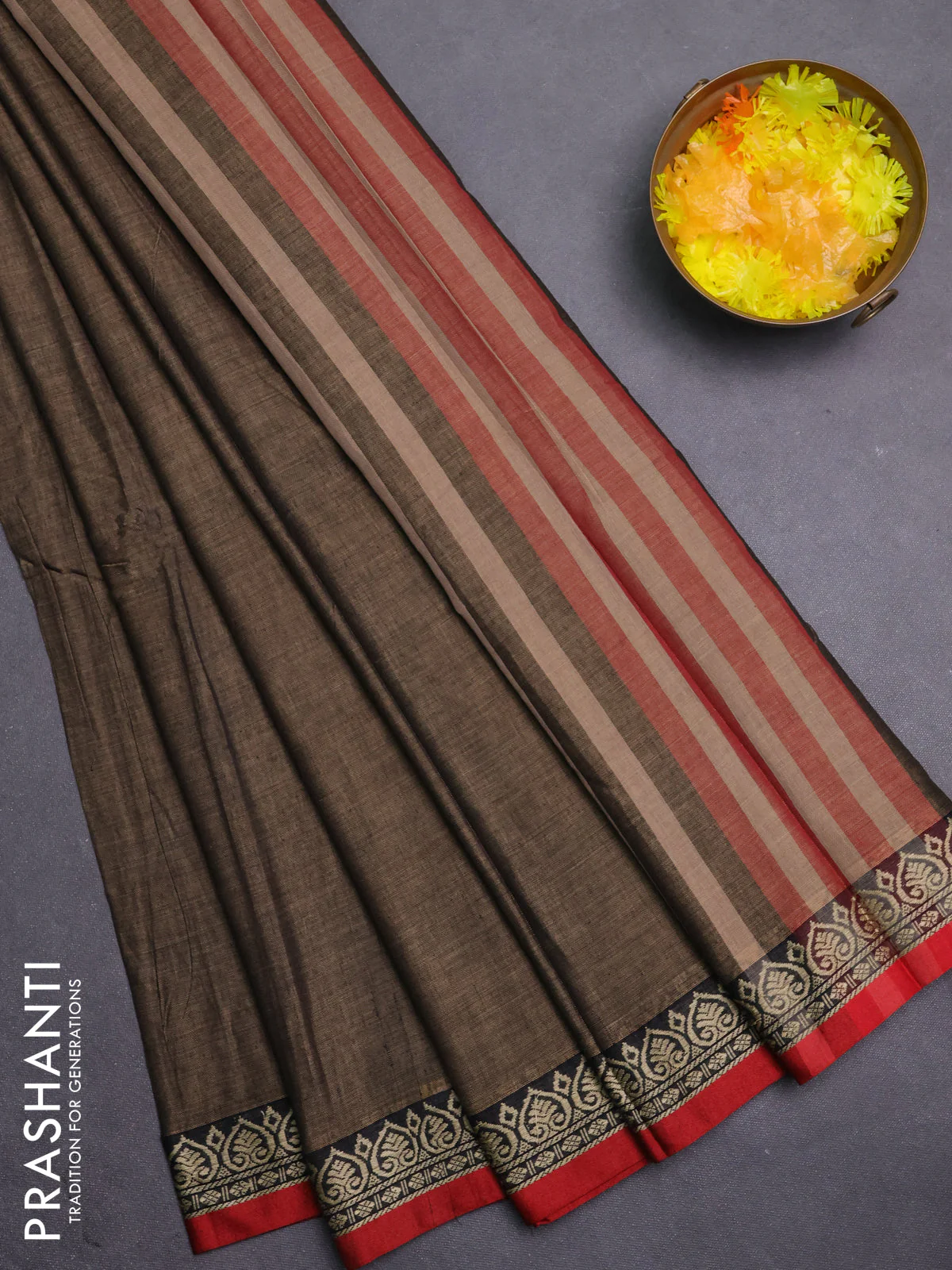 Narayanpet cotton saree chikku shade and rust shade with plain body and thread woven border