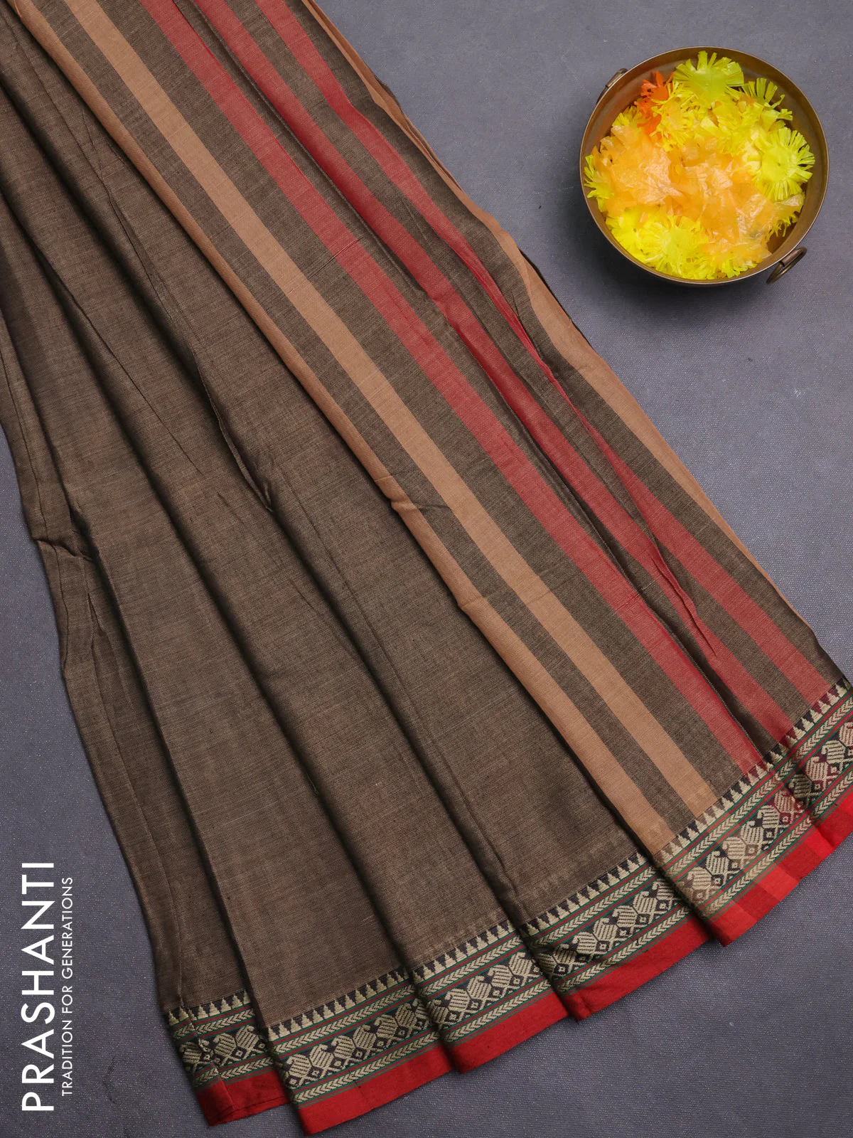 Narayanpet cotton saree chikku shade with plain body and thread woven border