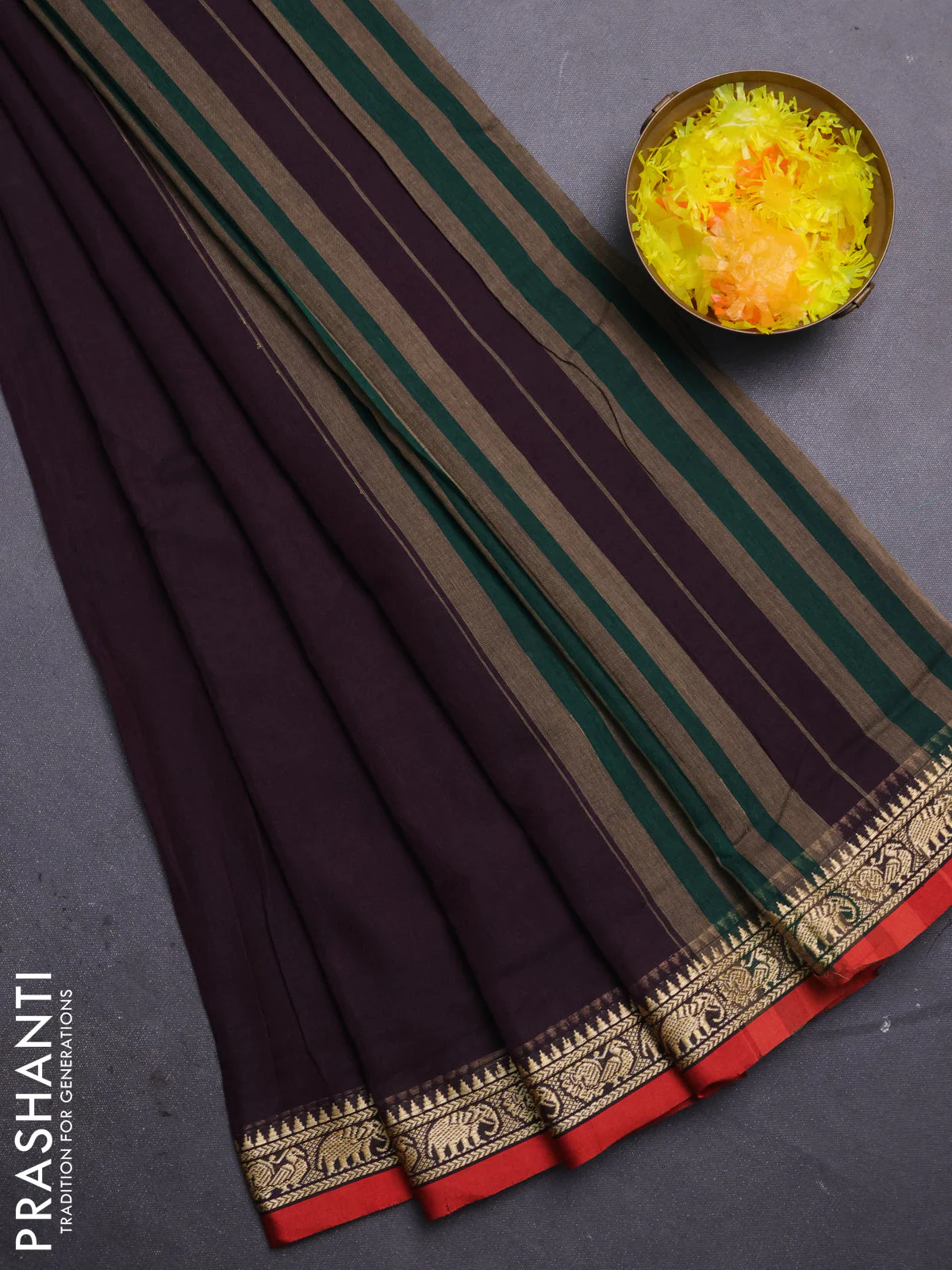 Narayanpet cotton saree coffee brown and rust shade with plain body and thread woven border