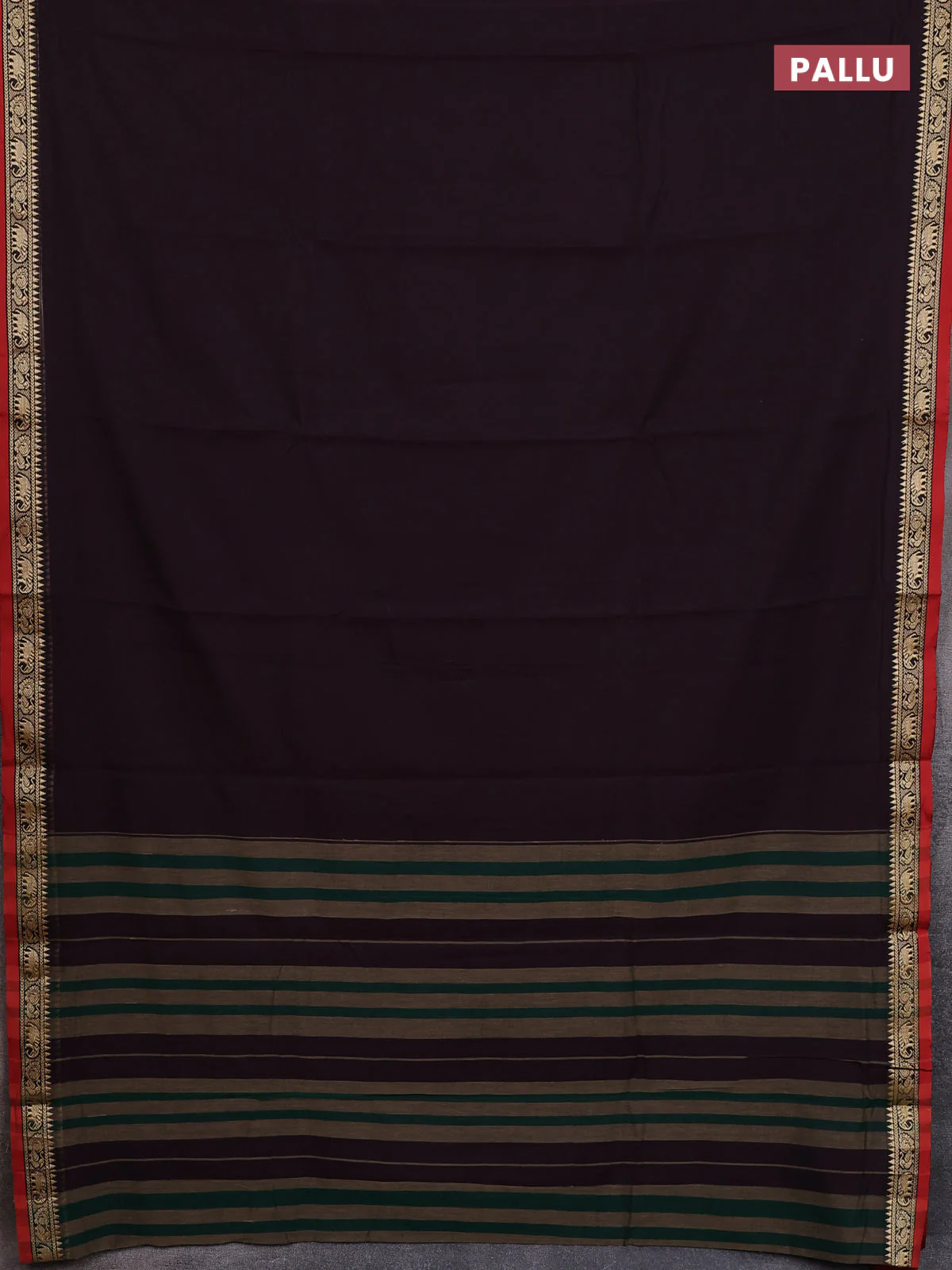 Narayanpet cotton saree coffee brown and rust shade with plain body and thread woven border - Image 3