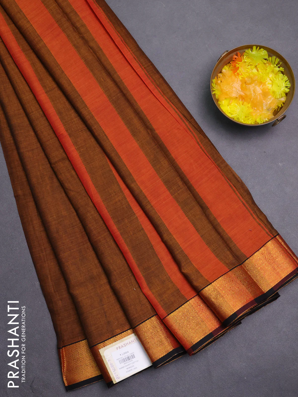 Narayanpet cotton saree dark mustard and black with plain body and zari woven border