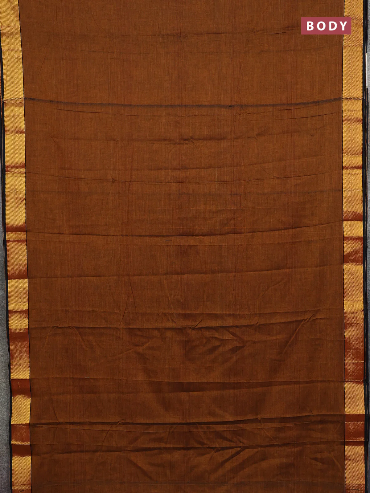 Narayanpet cotton saree dark mustard and black with plain body and zari woven border - Image 2