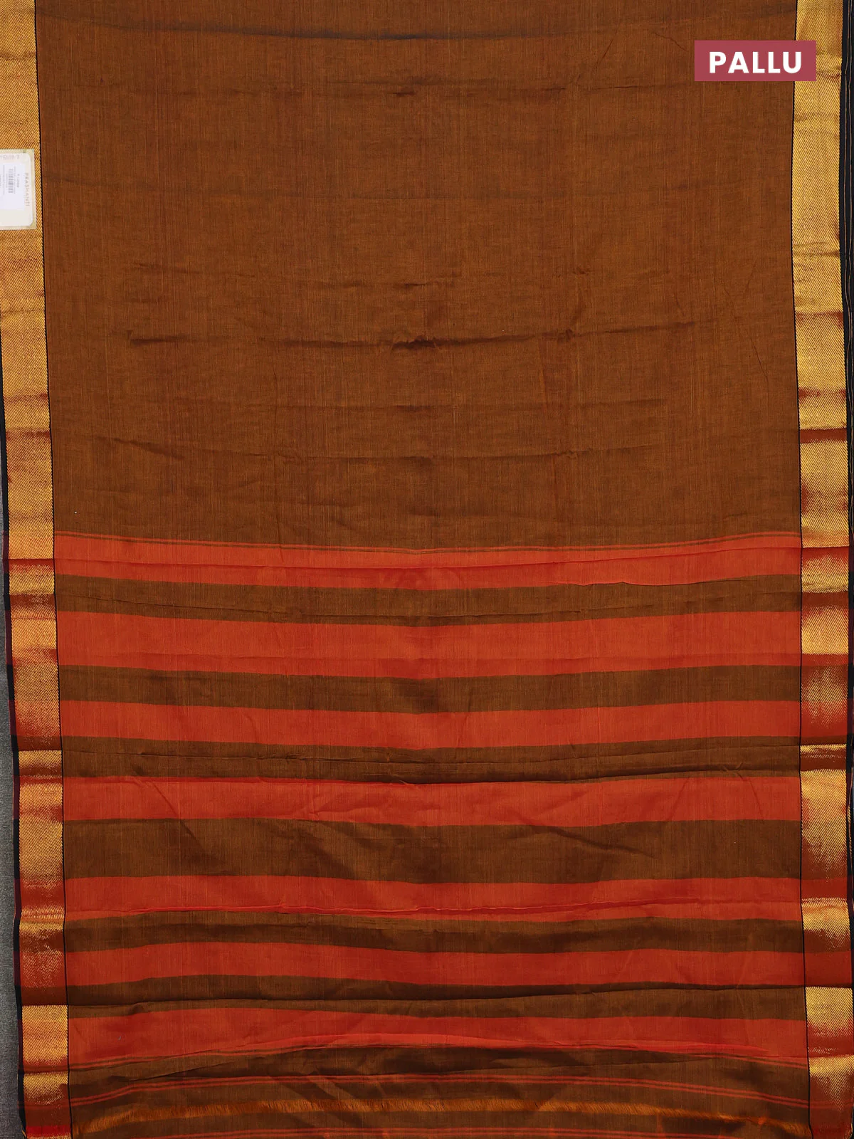 Narayanpet cotton saree dark mustard and black with plain body and zari woven border - Image 3