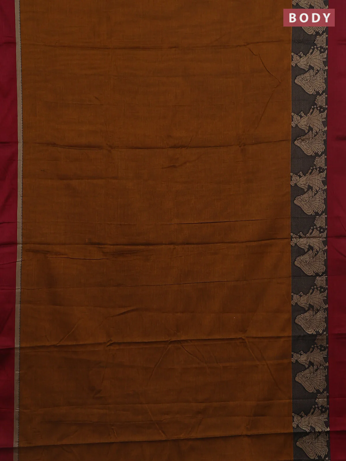 Narayanpet cotton saree dark mustard and deep maroon with plain body and thread woven simple border - Image 2