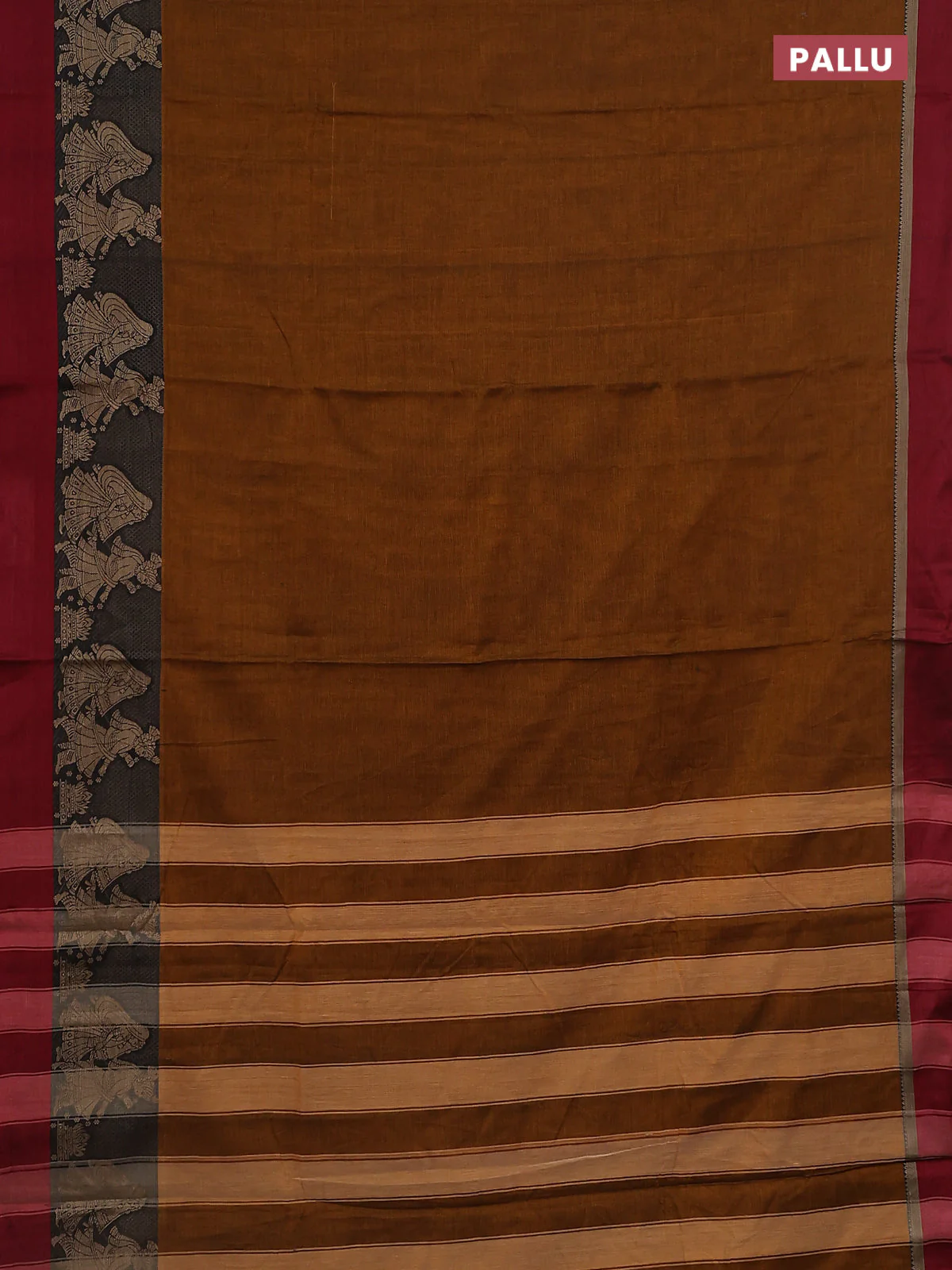 Narayanpet cotton saree dark mustard and deep maroon with plain body and thread woven simple border - Image 3