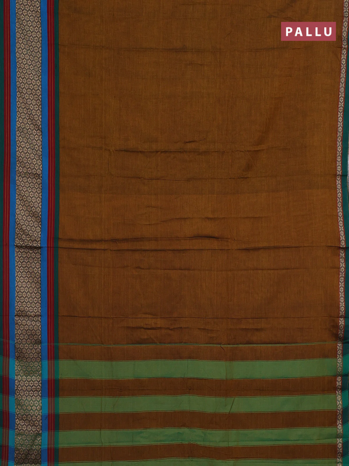 Narayanpet cotton saree dark mustard and green with plain body and thread woven border - Image 3