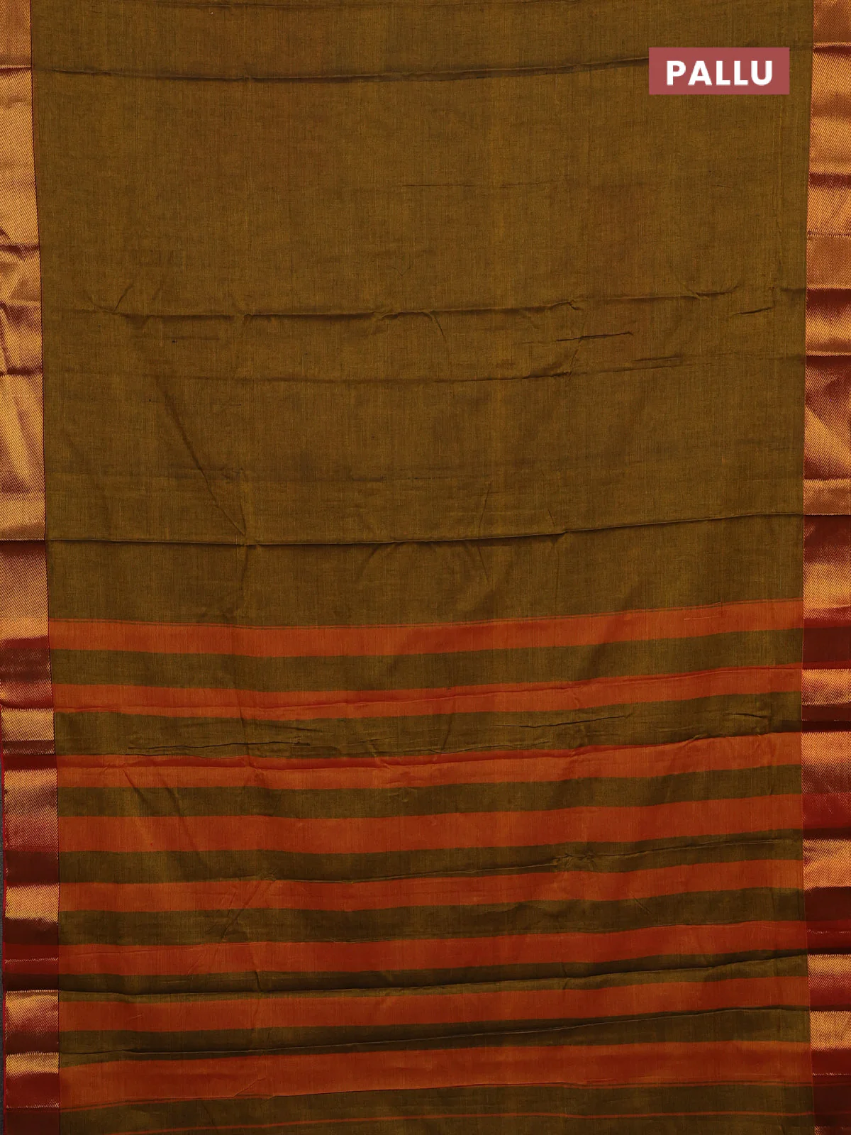 Narayanpet cotton saree dark mustard and rust shade with plain body and zari woven border - Image 3