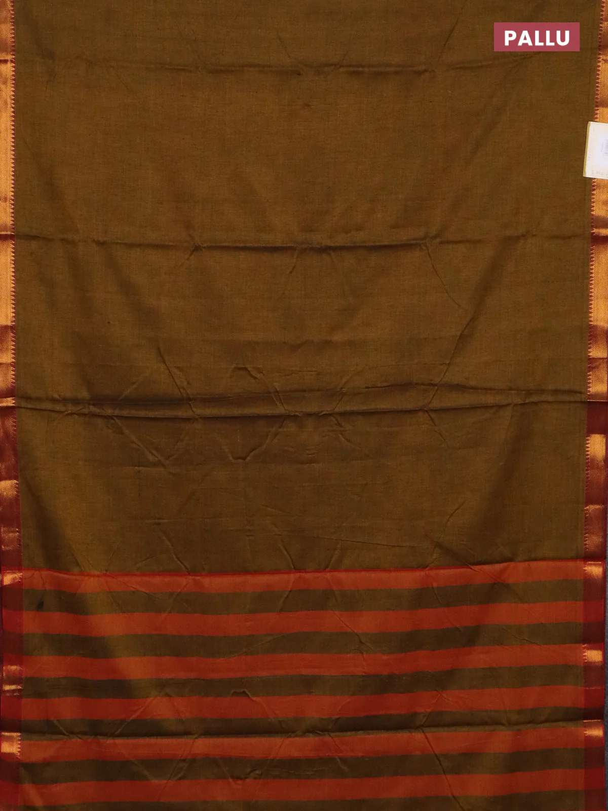 Narayanpet cotton saree dark mustard and rust shade with plain body with zari woven border - Image 3