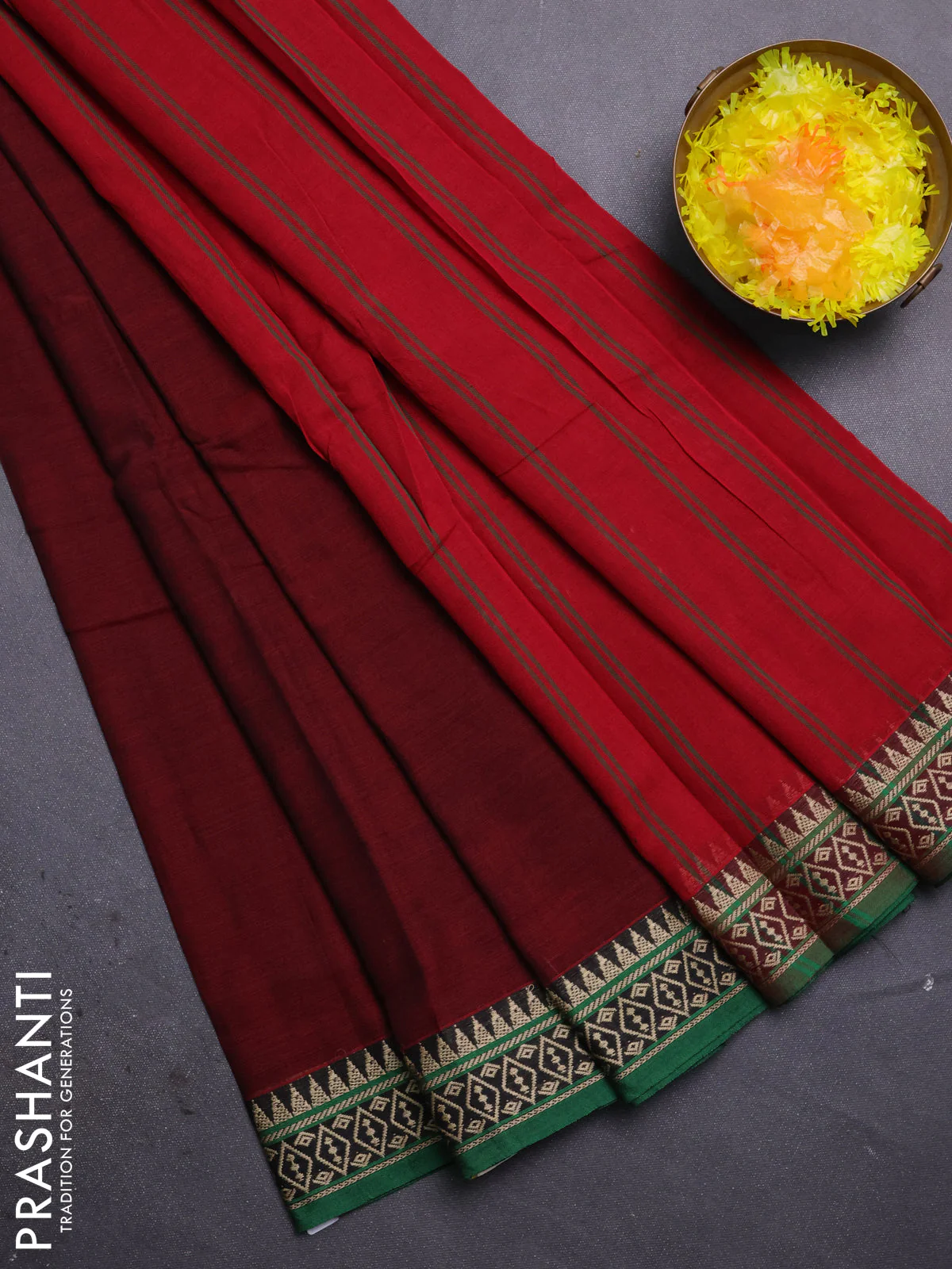 Narayanpet cotton saree deep maroon and green with plain body and thread woven border