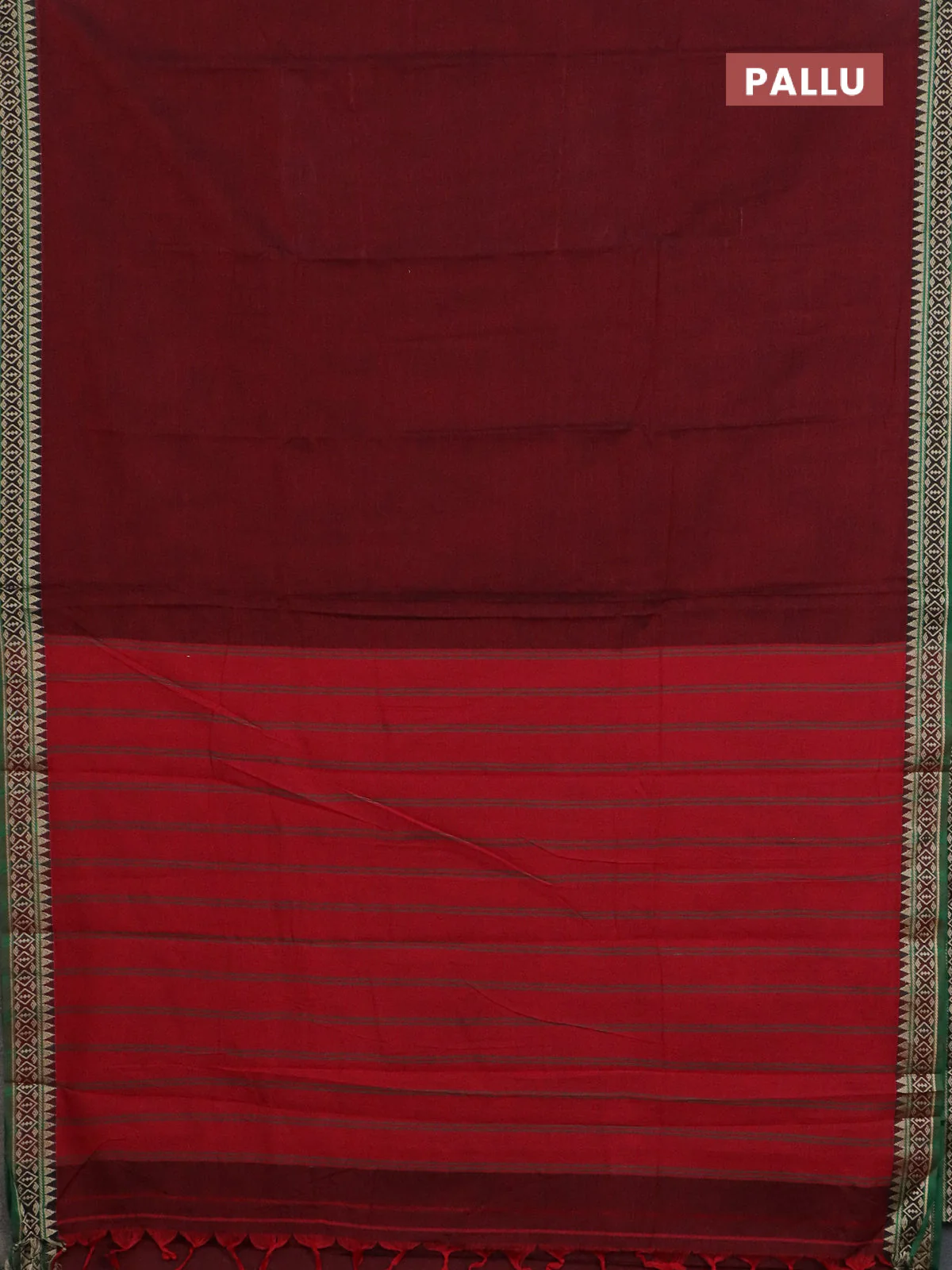 Narayanpet cotton saree deep maroon and green with plain body and thread woven border - Image 3