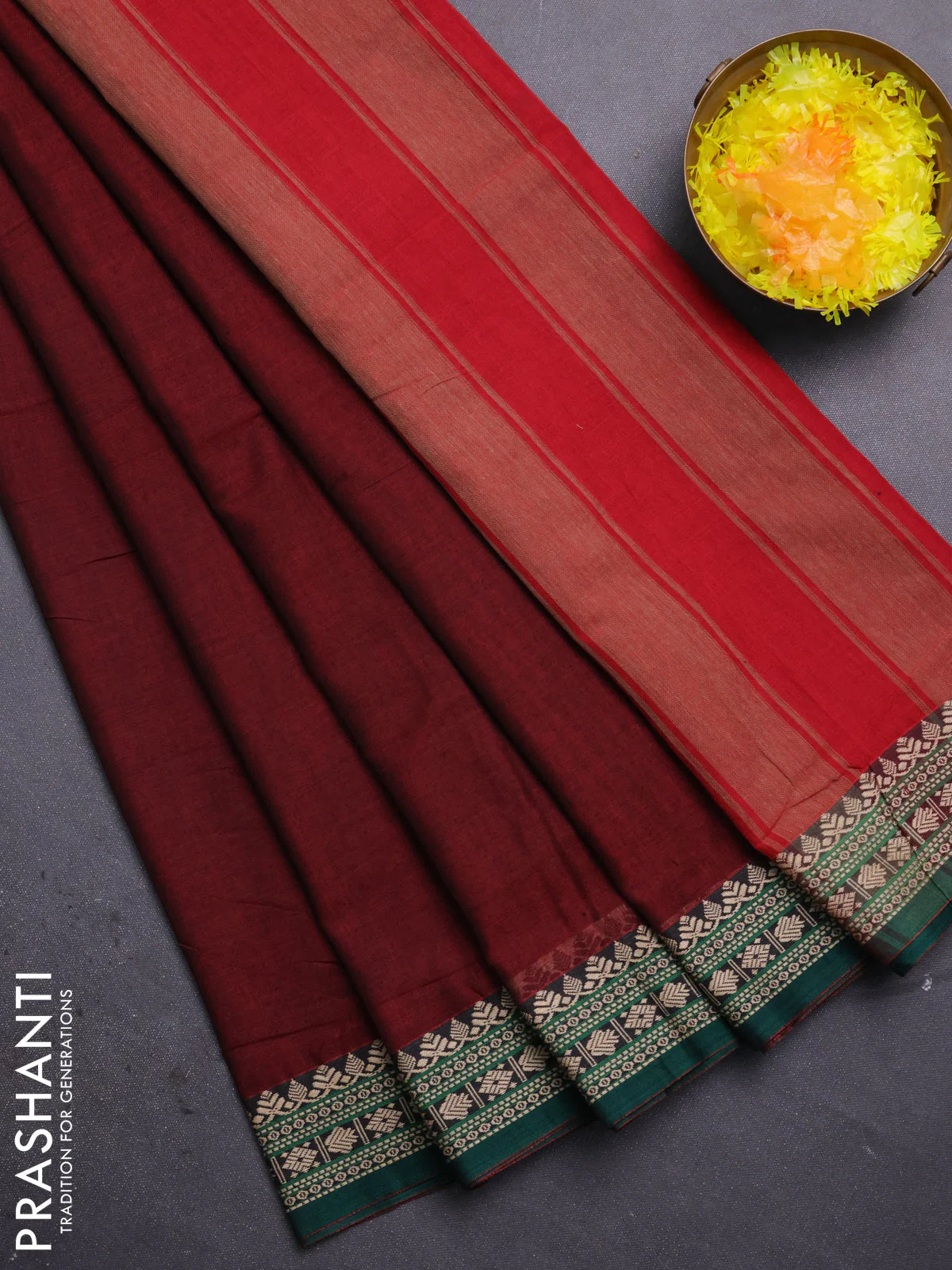 Narayanpet cotton saree deep maroon and green with plain body and thread woven border
