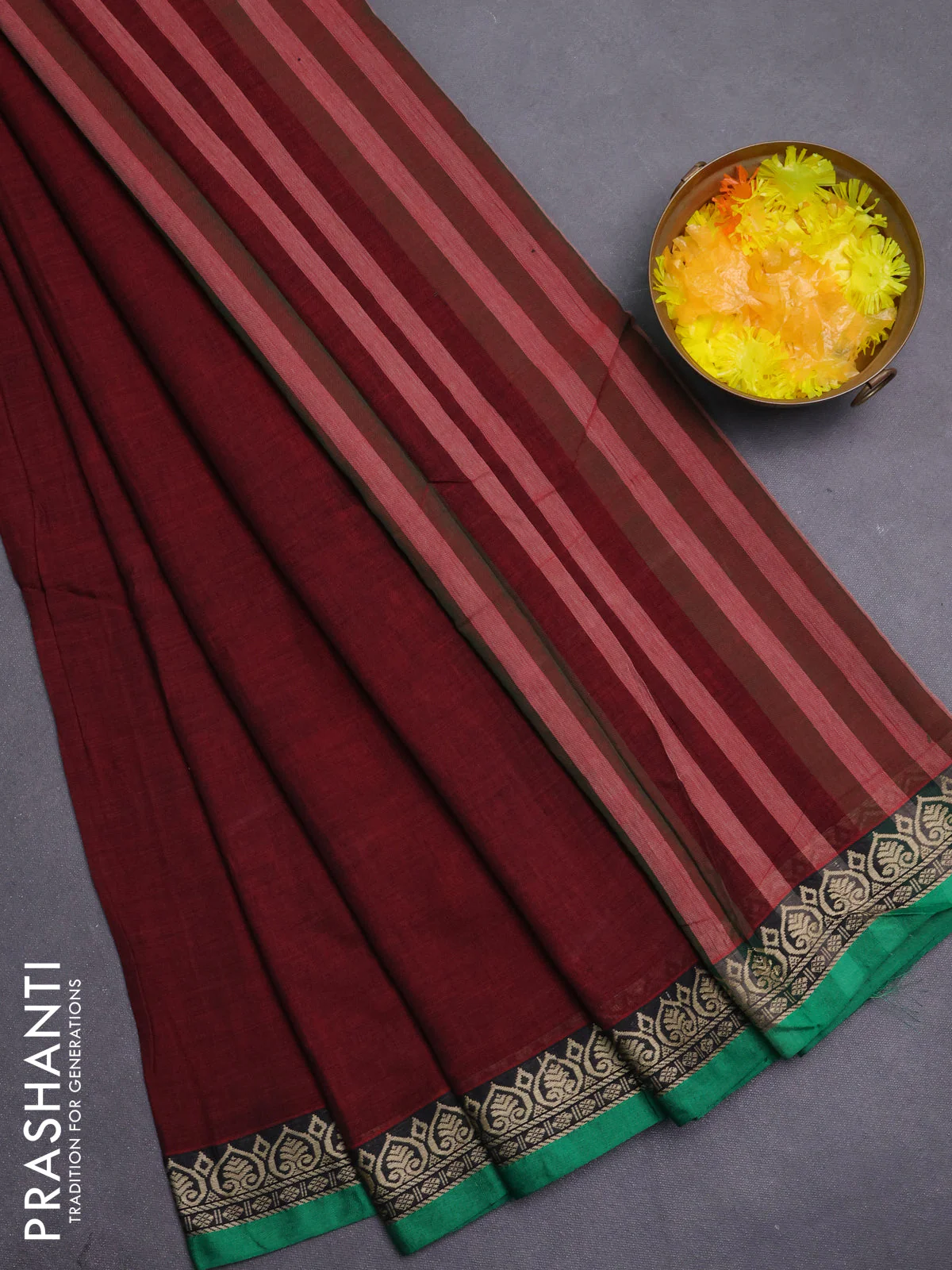 Narayanpet cotton saree deep maroon and green with plain body and thread woven border