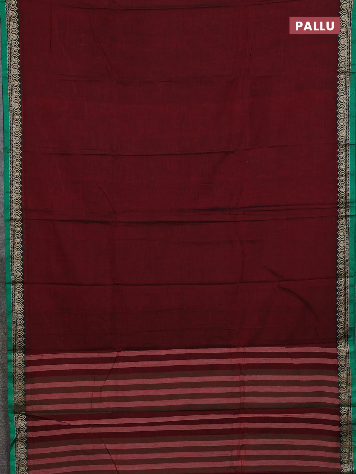 Narayanpet cotton saree deep maroon and green with plain body and thread woven border - Image 3