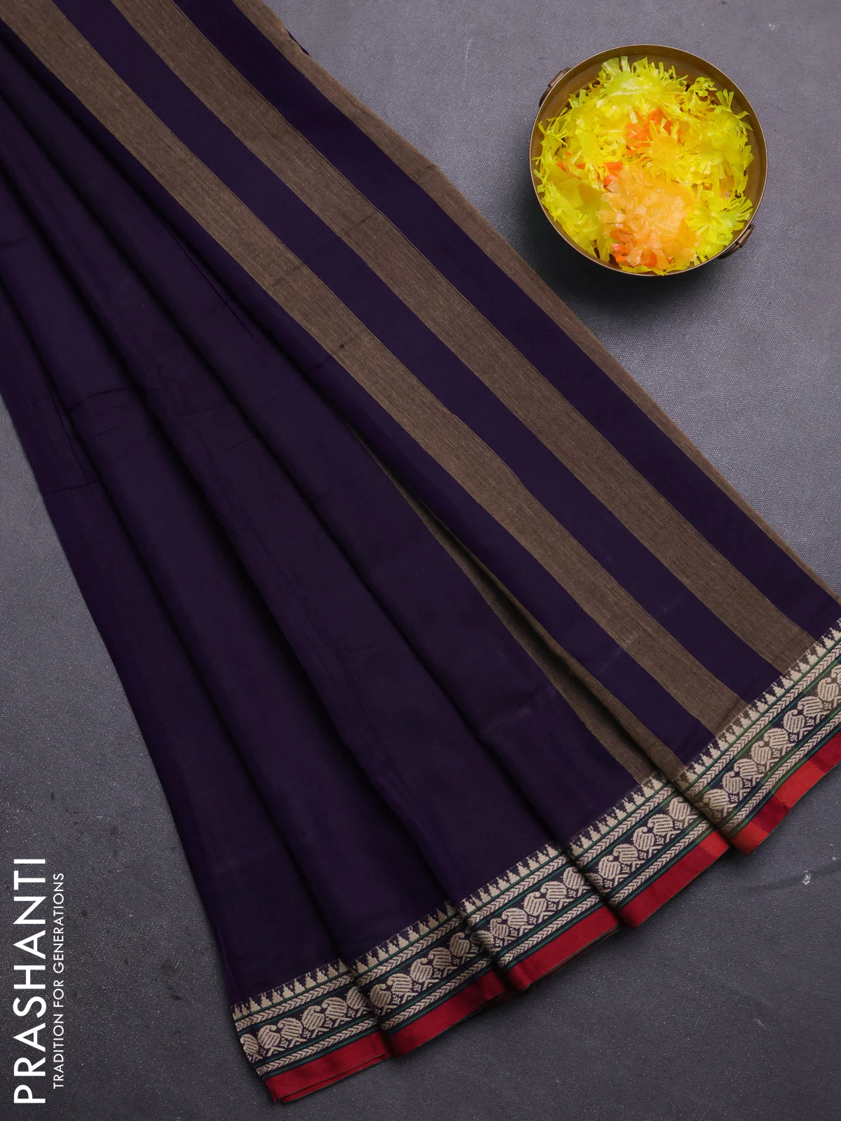 Narayanpet cotton saree deep violet and maroon with plain body and thread woven border
