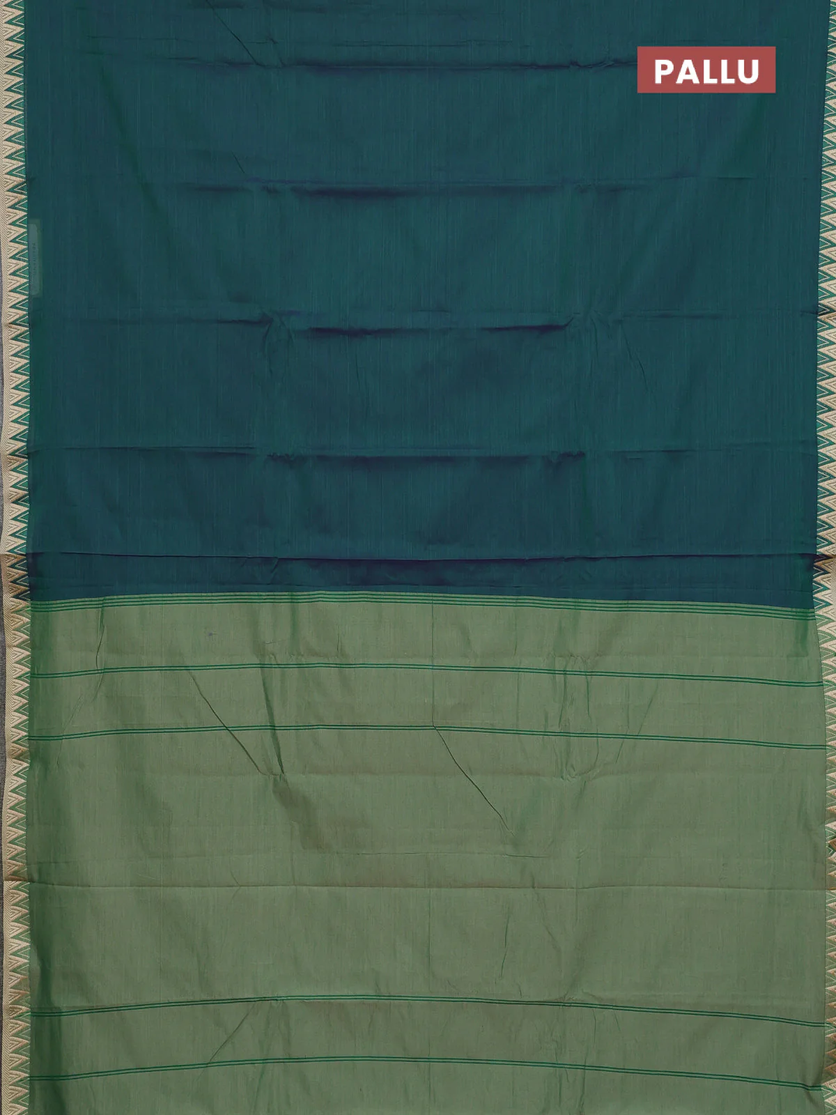Narayanpet cotton saree dual shade of green and beige with plain body and temple thread woven border - Image 3