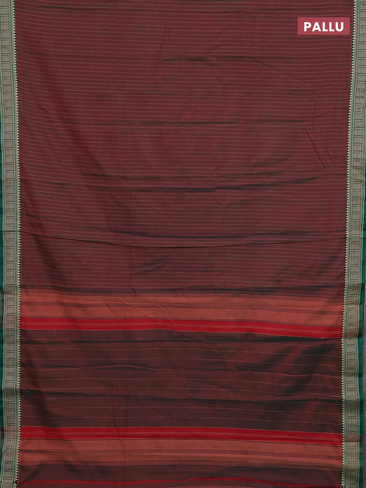 Narayanpet cotton saree dual shade of greenish maroon and green with allover thread weaves and temple thread woven border - Image 3