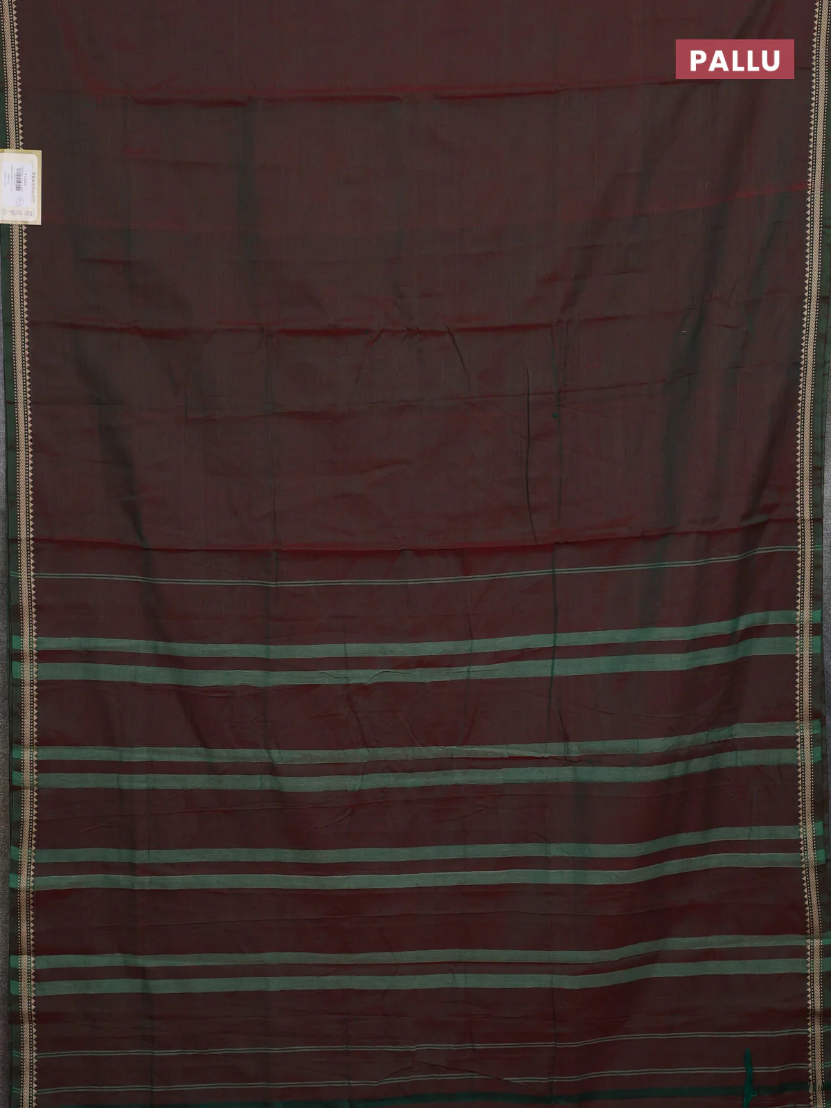 Narayanpet cotton saree dual shade of greenish red with plain body and thread woven border - Image 3