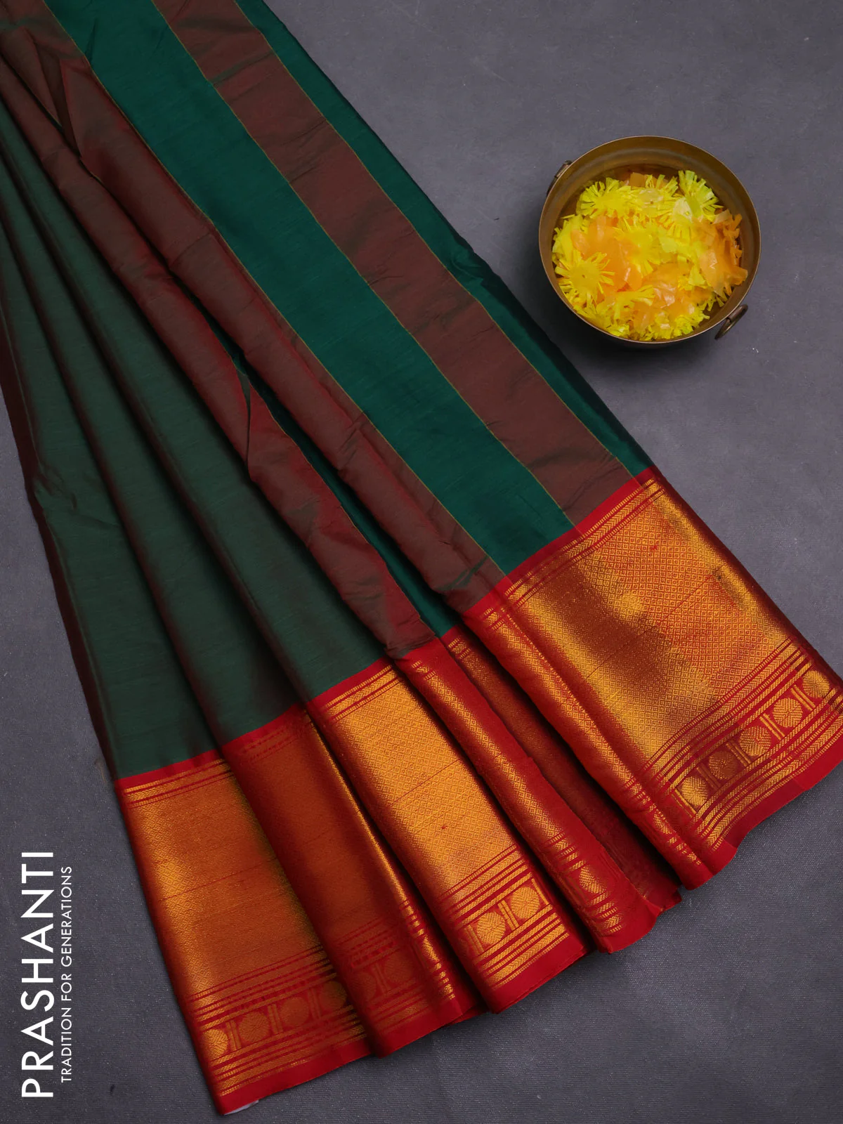 Narayanpet cotton saree dual shade of reddish green and red with plain body and long zari woven border