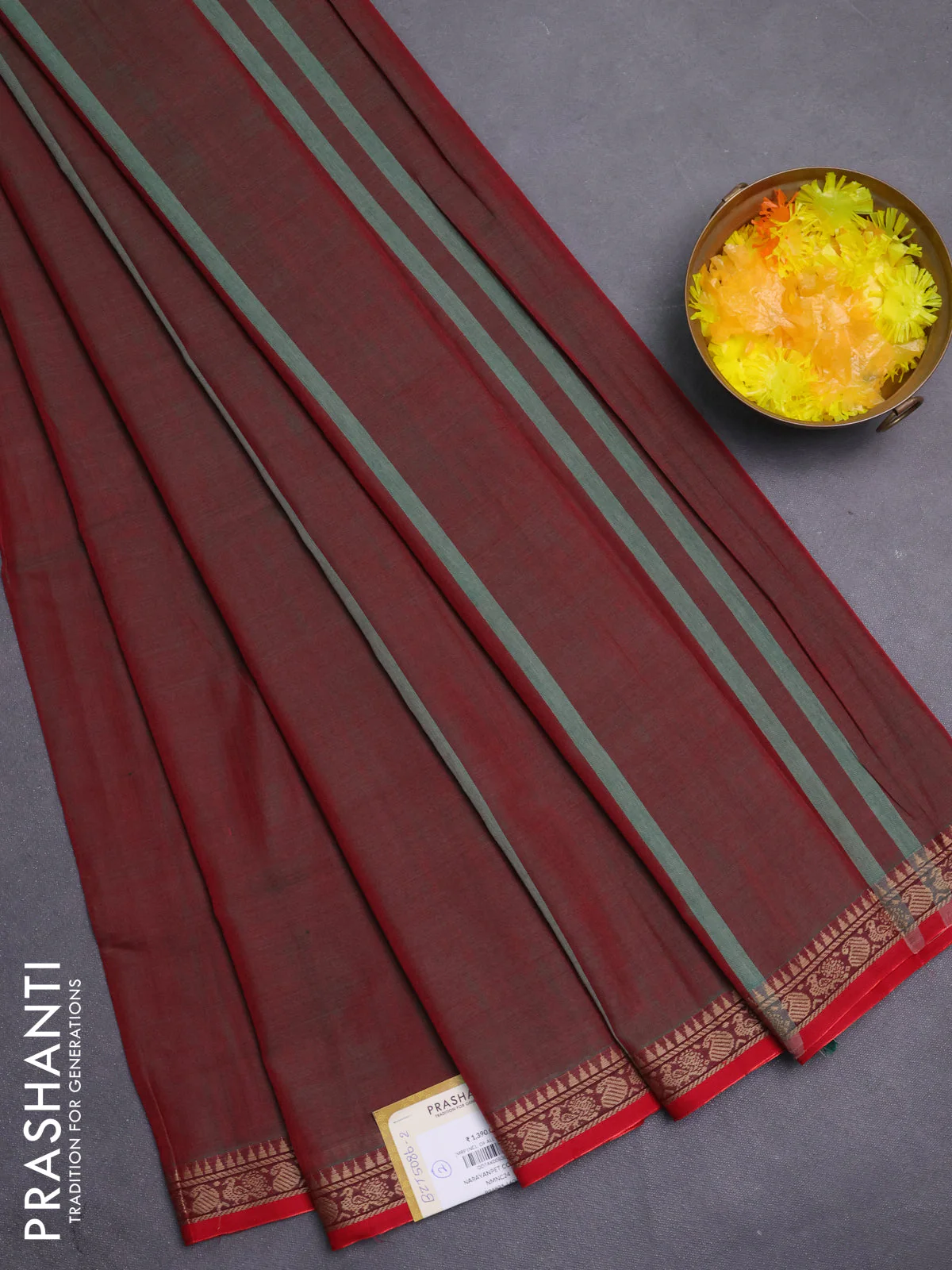 Narayanpet cotton saree dual shade of reddish green and red with plain body and thread woven border