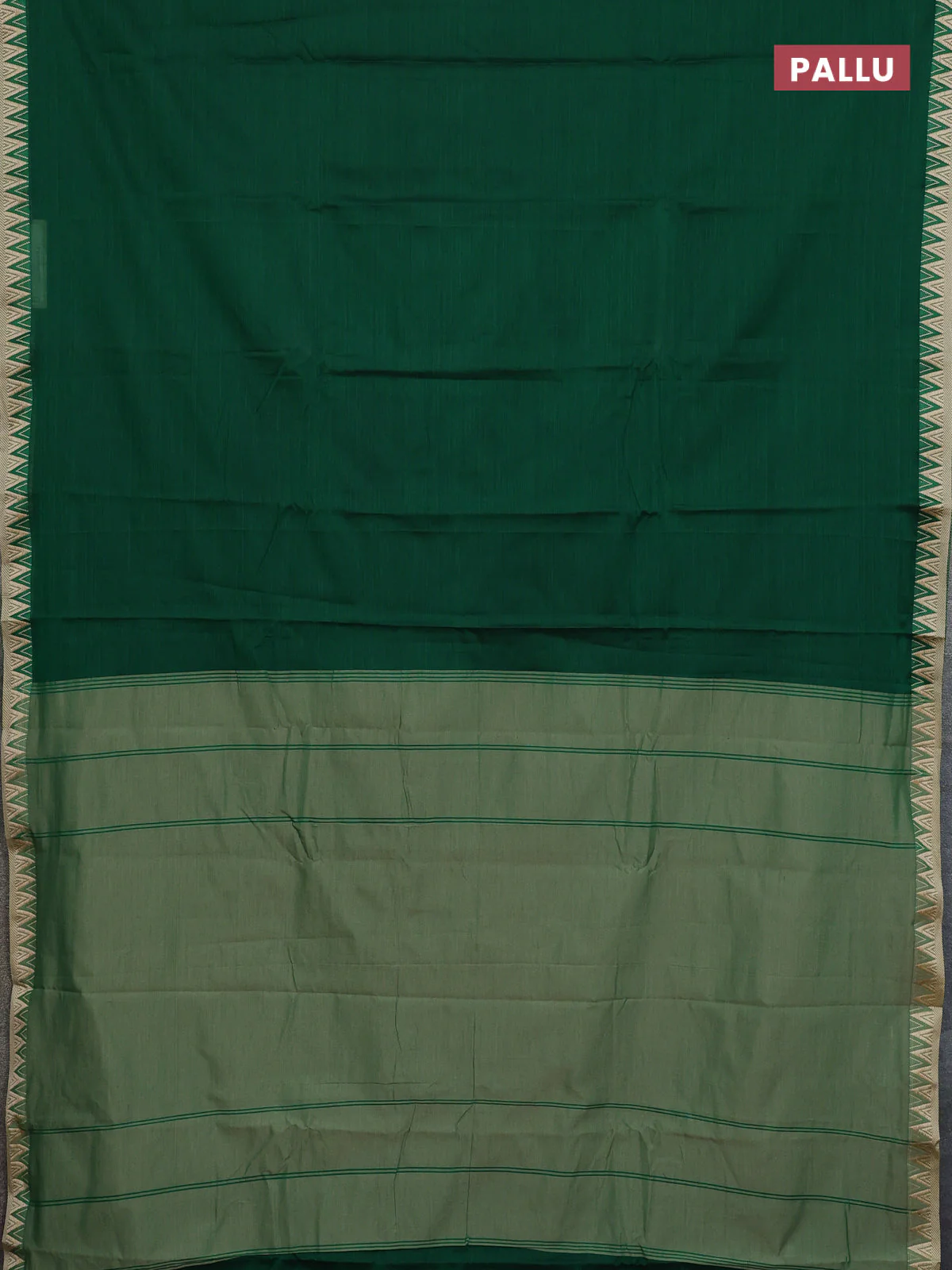 Narayanpet cotton saree green and beige with plain body and temple thread woven border - Image 3