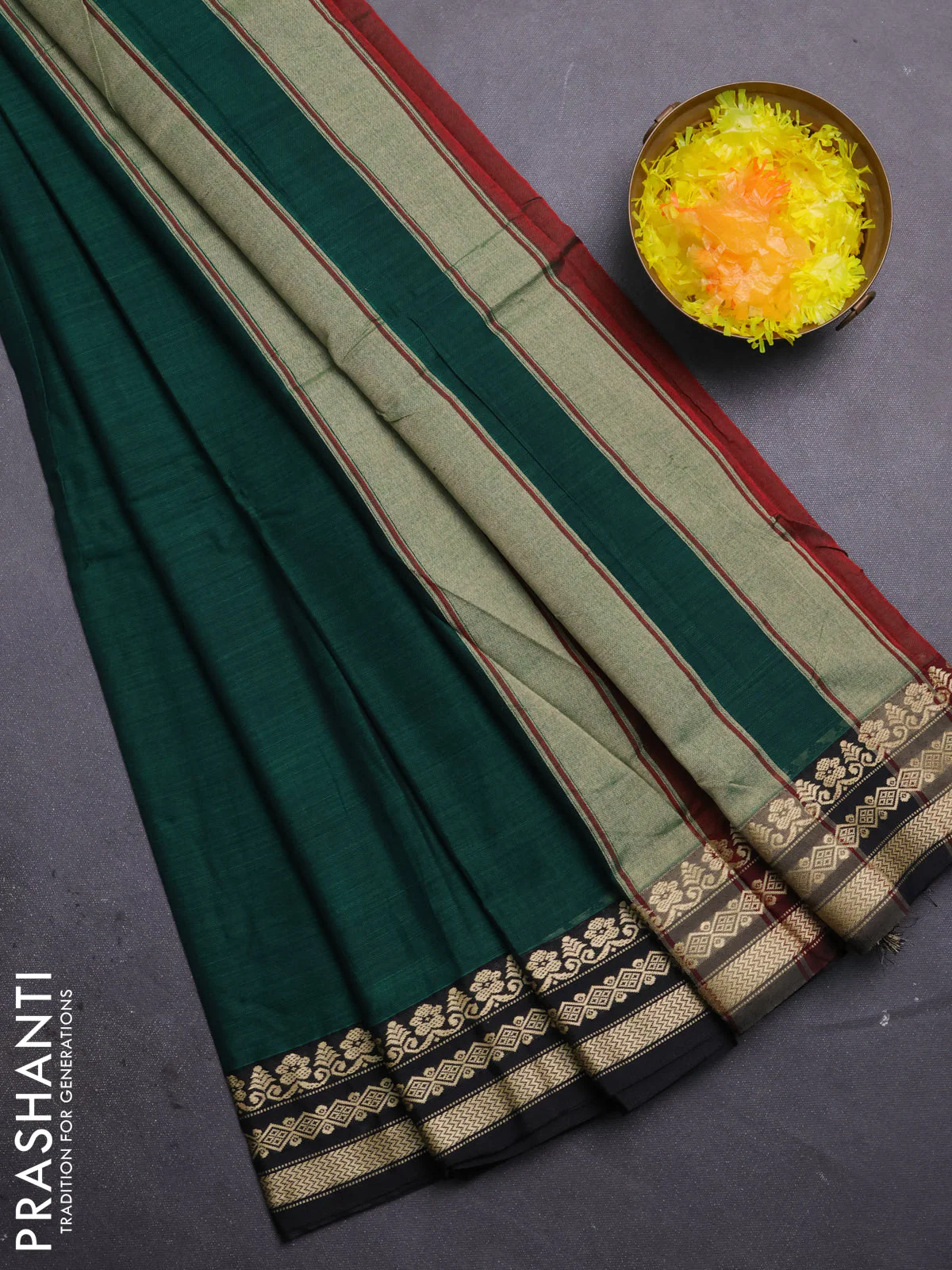 Narayanpet cotton saree green and black with plain body and thread woven border