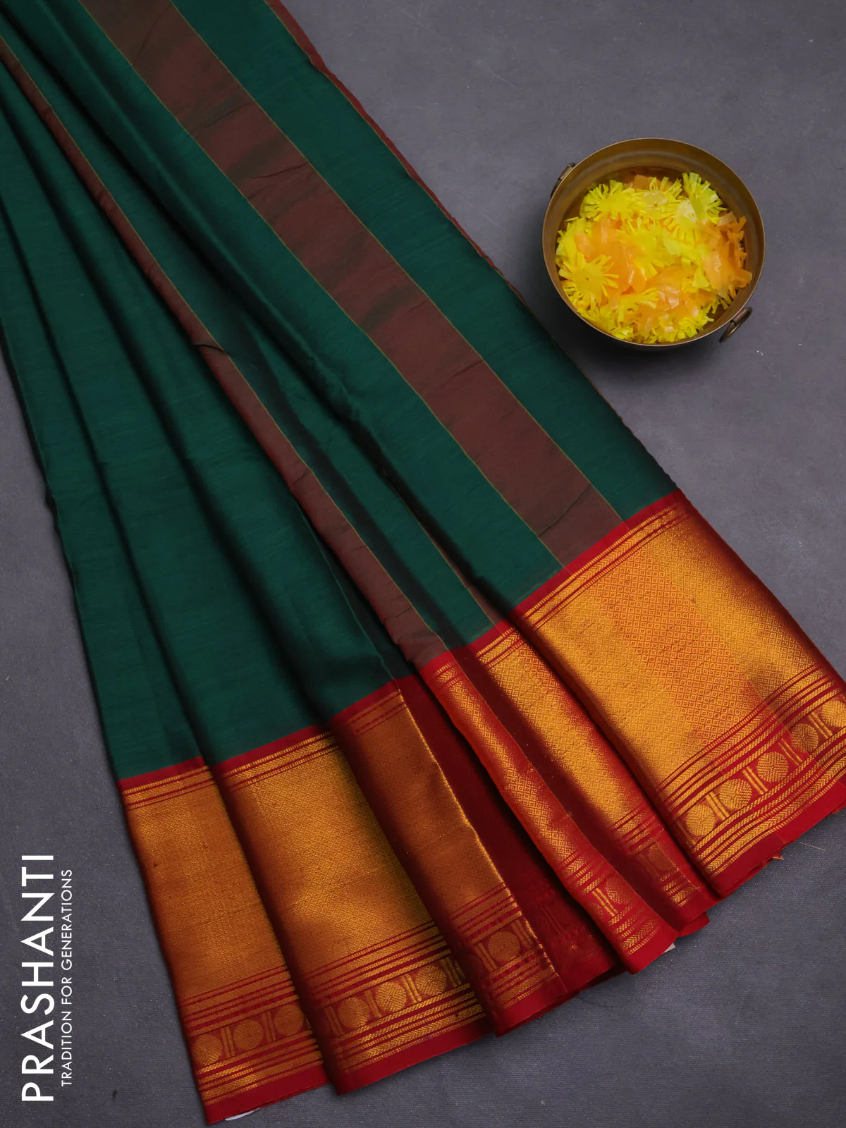 Narayanpet cotton saree green and maroon with plain body and long zari woven border
