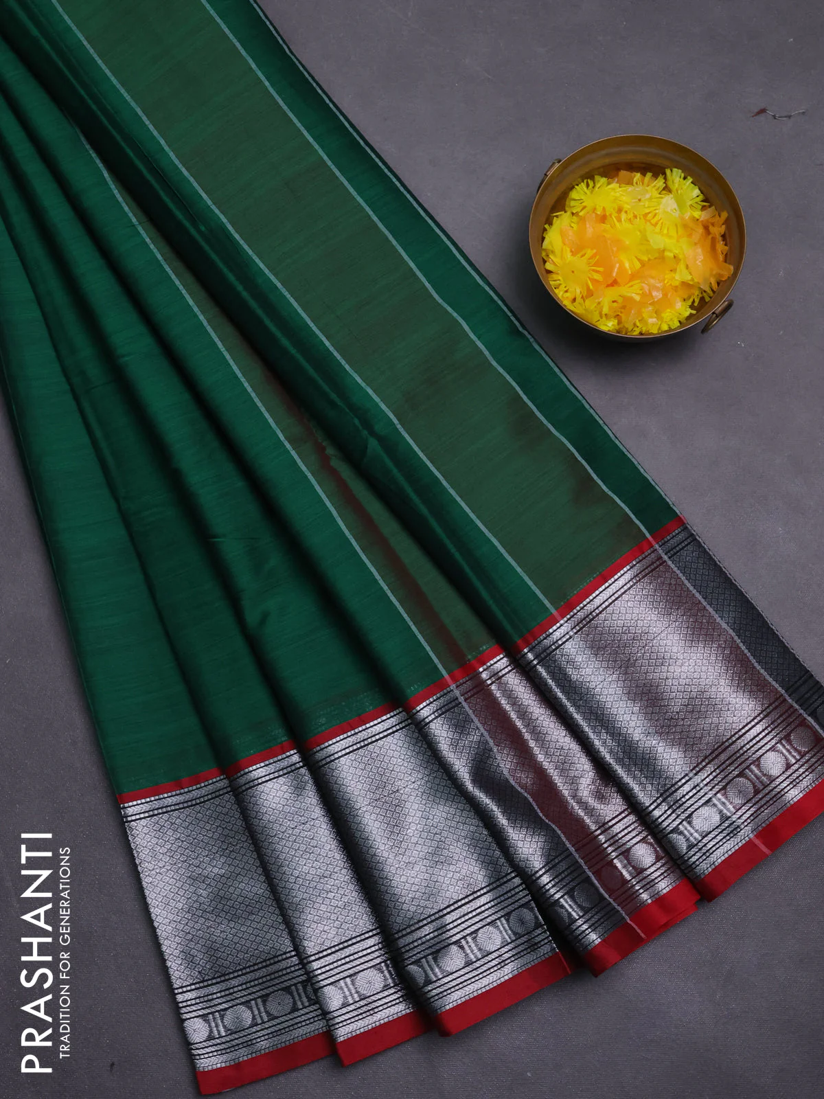 Narayanpet cotton saree green and maroon with plain body and long zari woven border