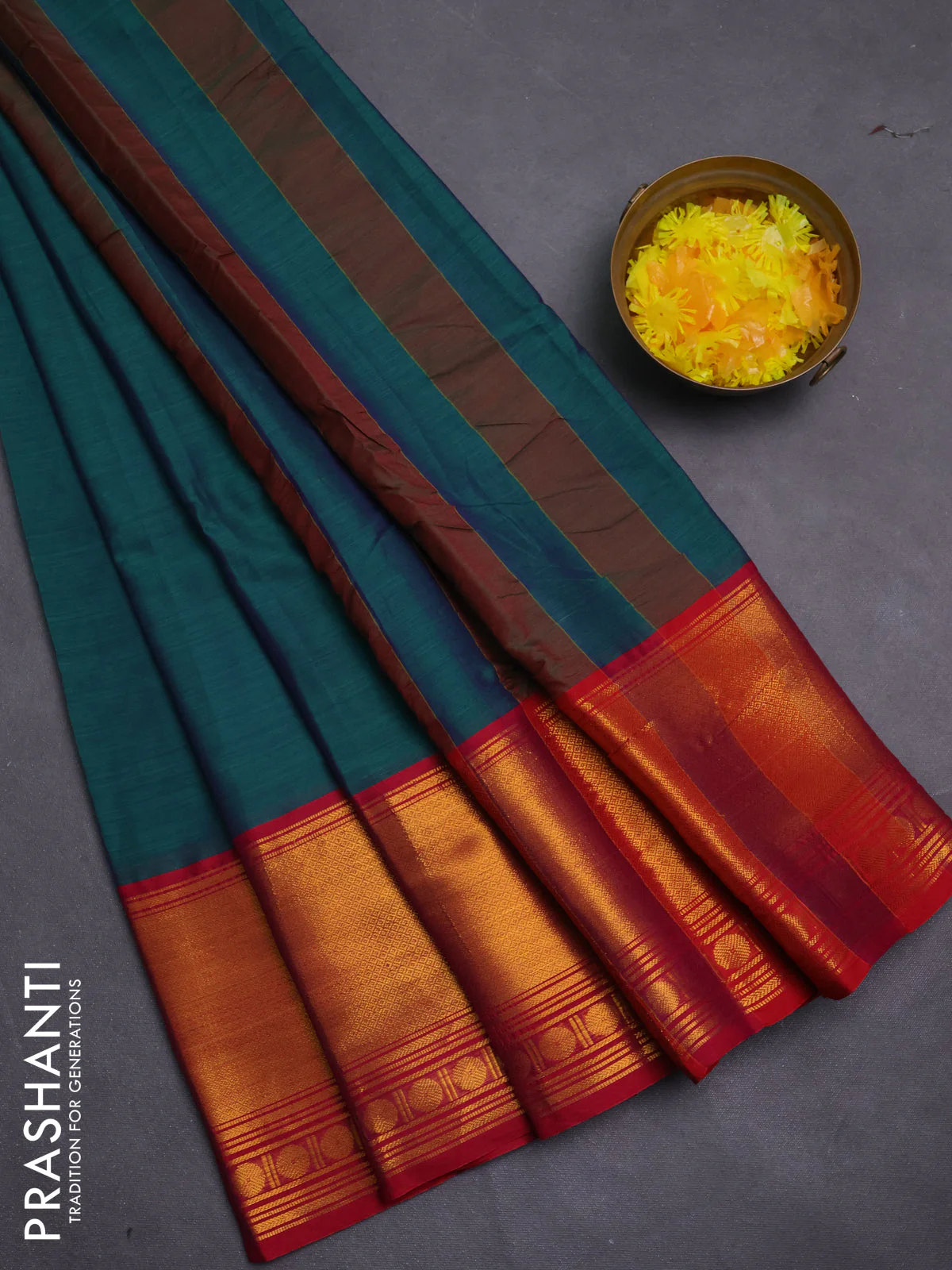 Narayanpet cotton saree green and maroon with plain body and long zari woven border