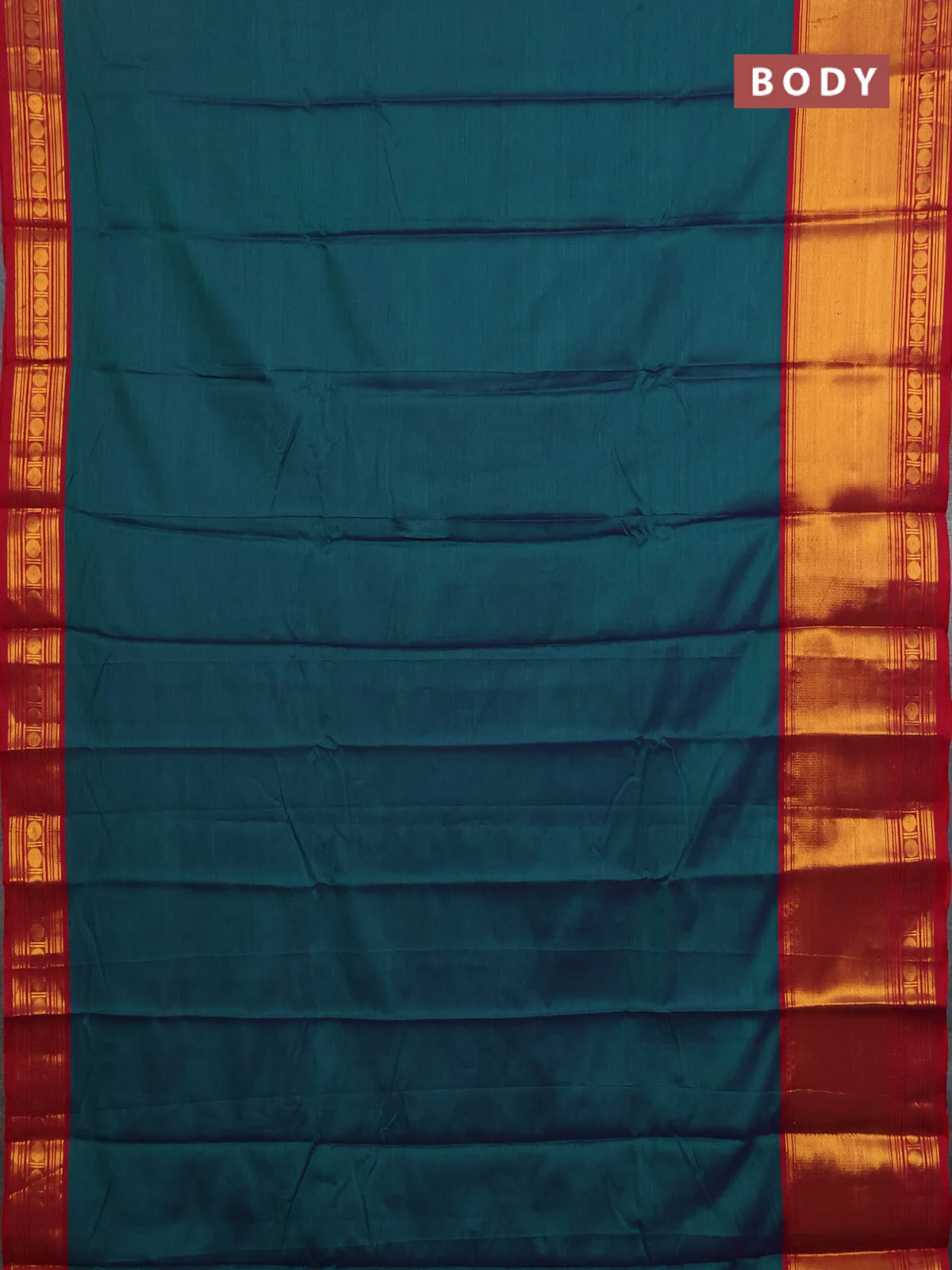 Narayanpet cotton saree green and maroon with plain body and long zari woven border - Image 2