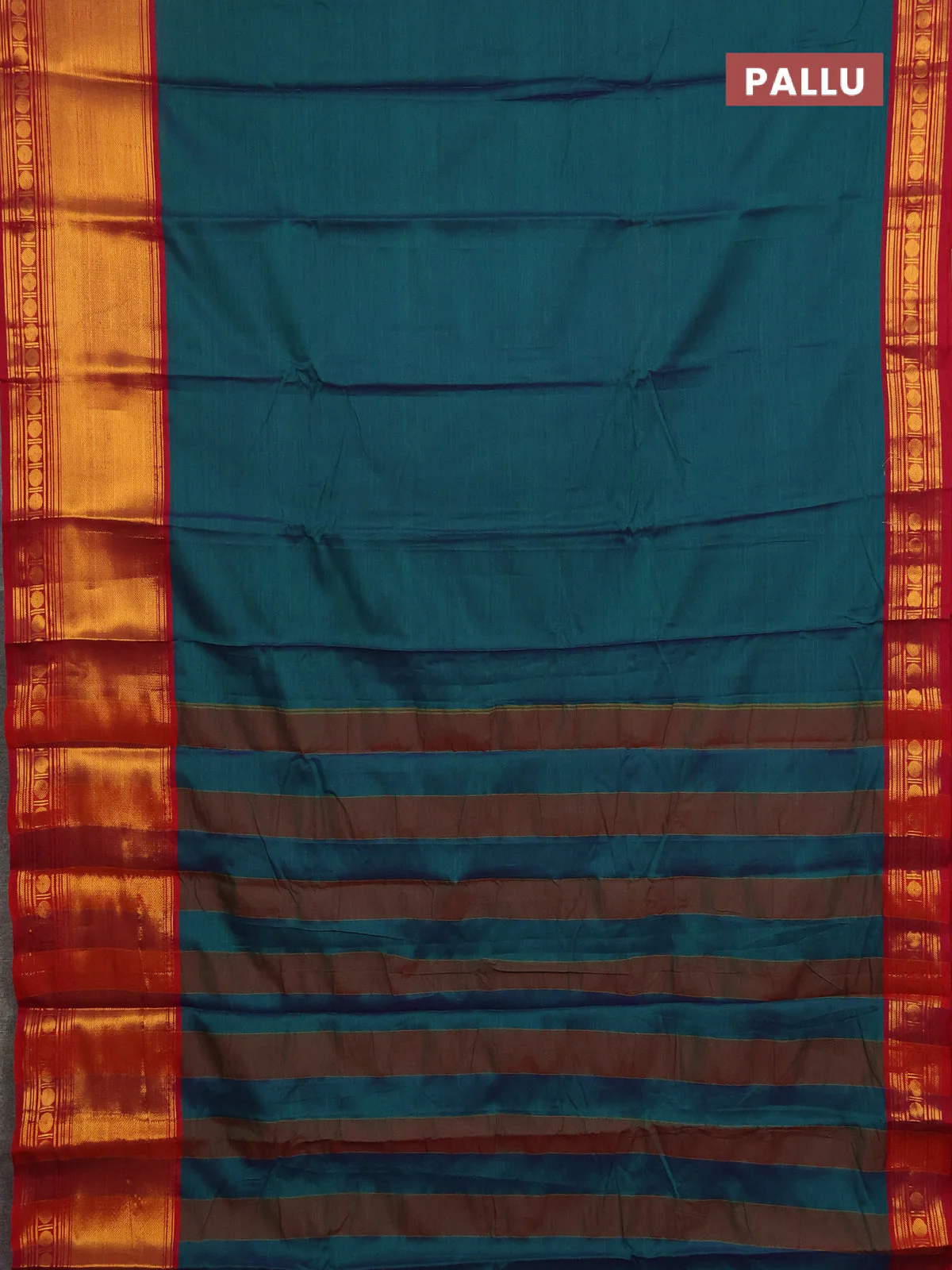 Narayanpet cotton saree green and maroon with plain body and long zari woven border - Image 3
