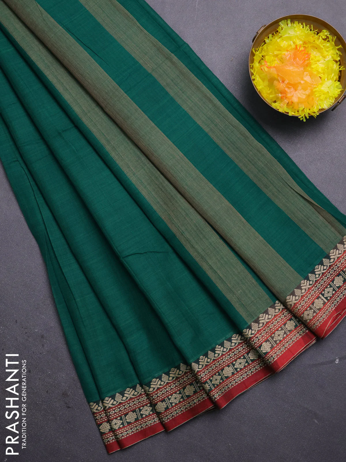 Narayanpet cotton saree green and maroon with plain body and thread woven border