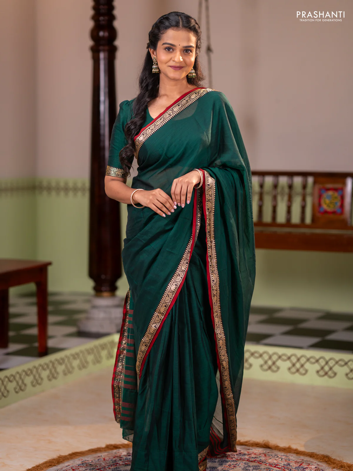 Narayanpet cotton saree green and maroon with plain body and thread woven border