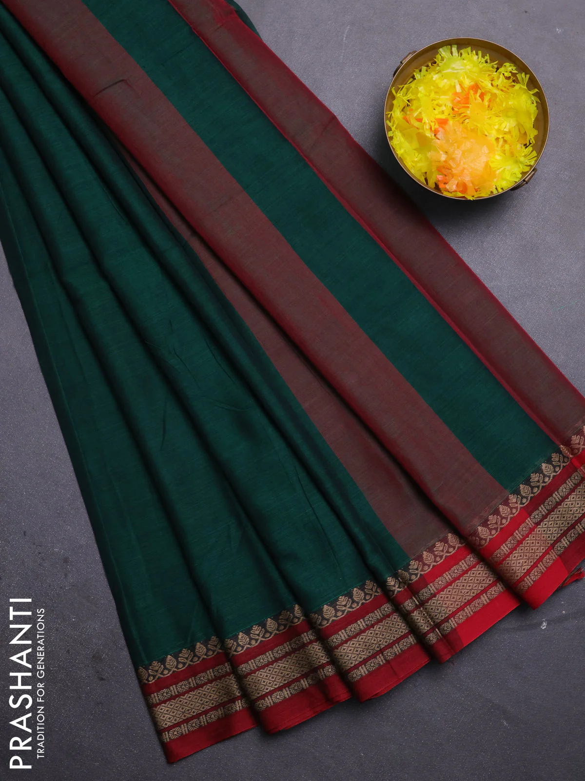 Narayanpet cotton saree green and maroon with plain body and thread woven border