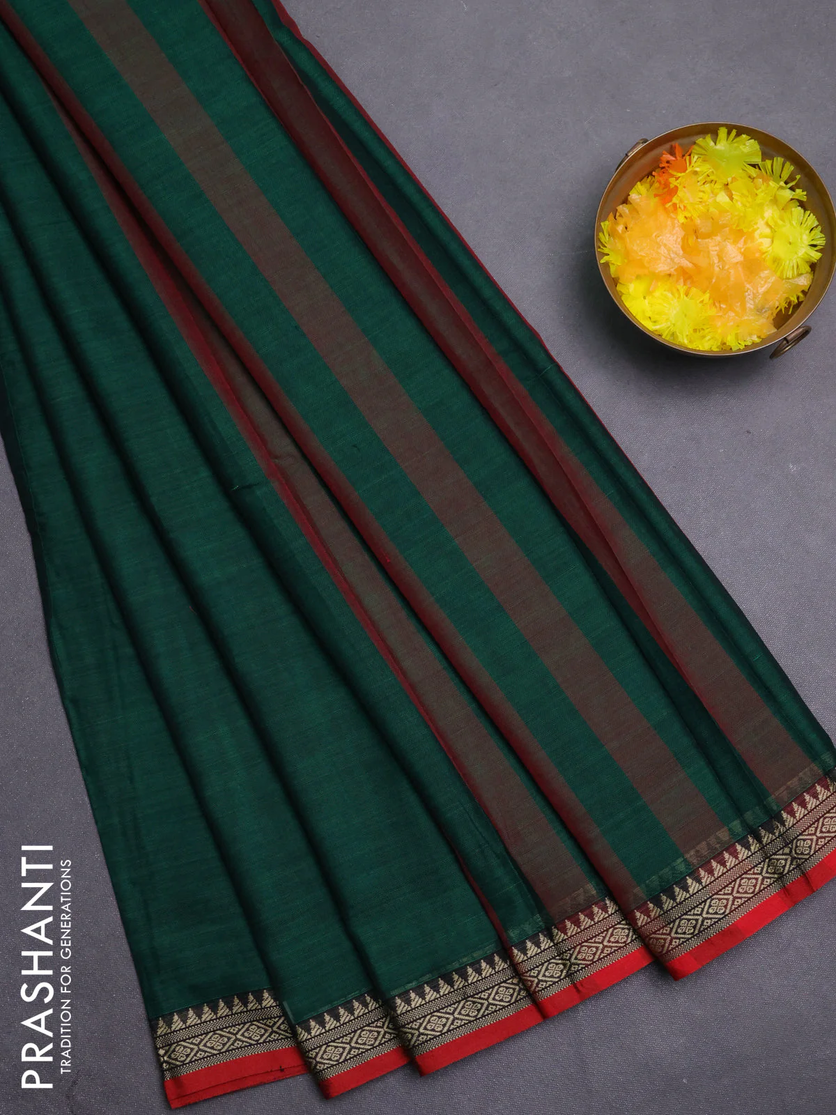 Narayanpet cotton saree green and maroon with plain body and thread woven border