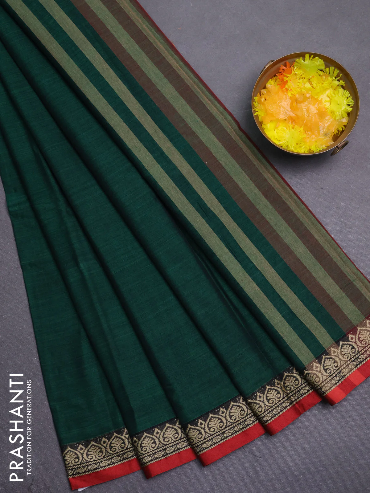 Narayanpet cotton saree green and maroon with plain body and thread woven border