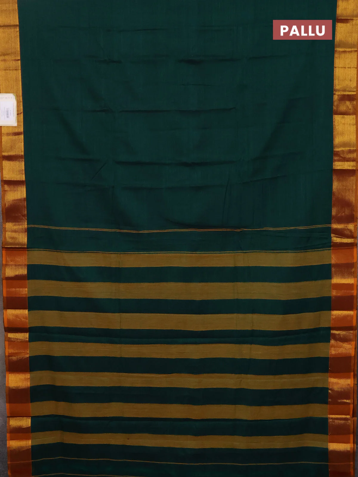 Narayanpet cotton saree green and mustard yellow with plain body and zari woven border - Image 3