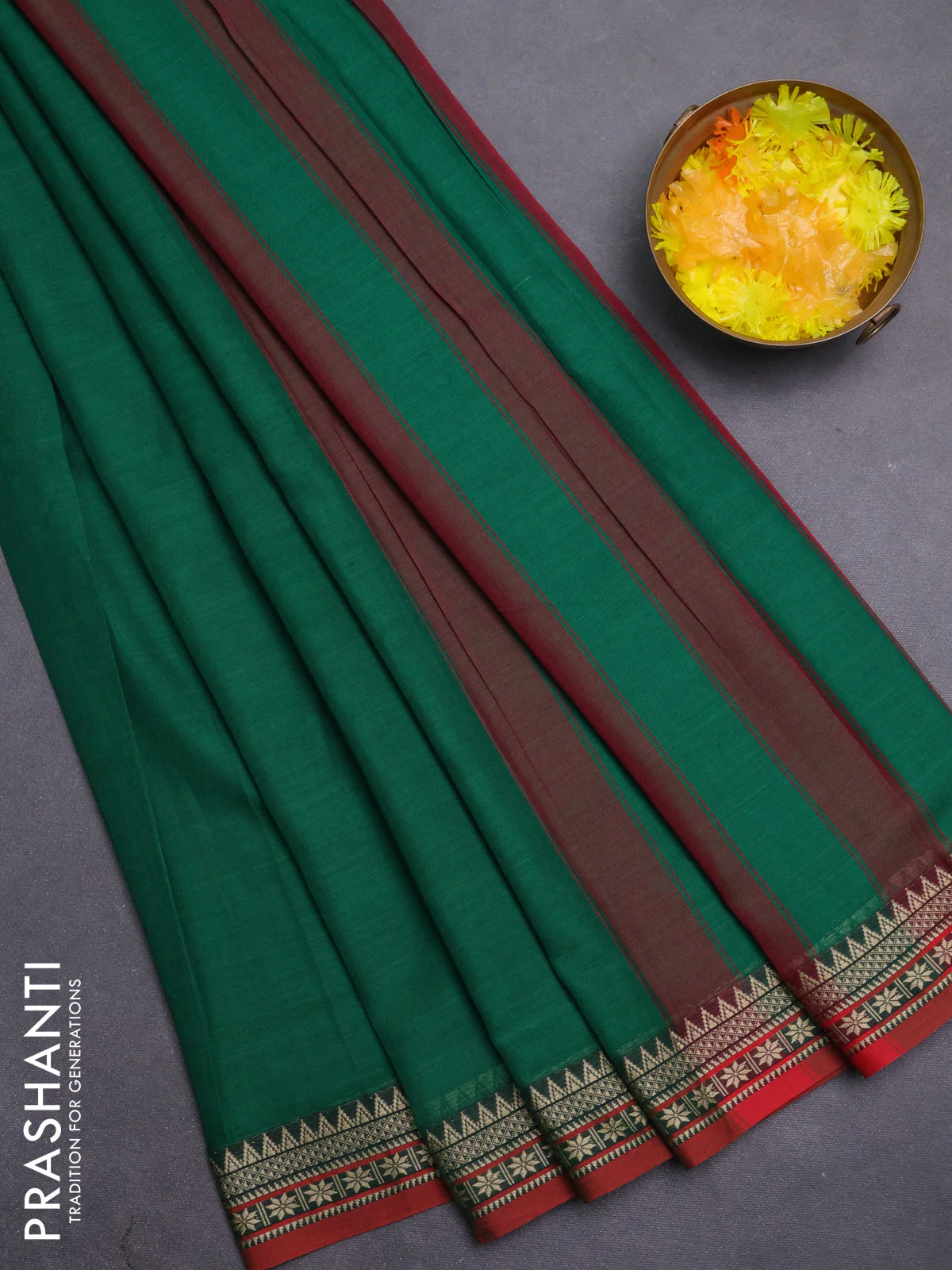 Narayanpet cotton saree green and orange with plain body and thread woven border