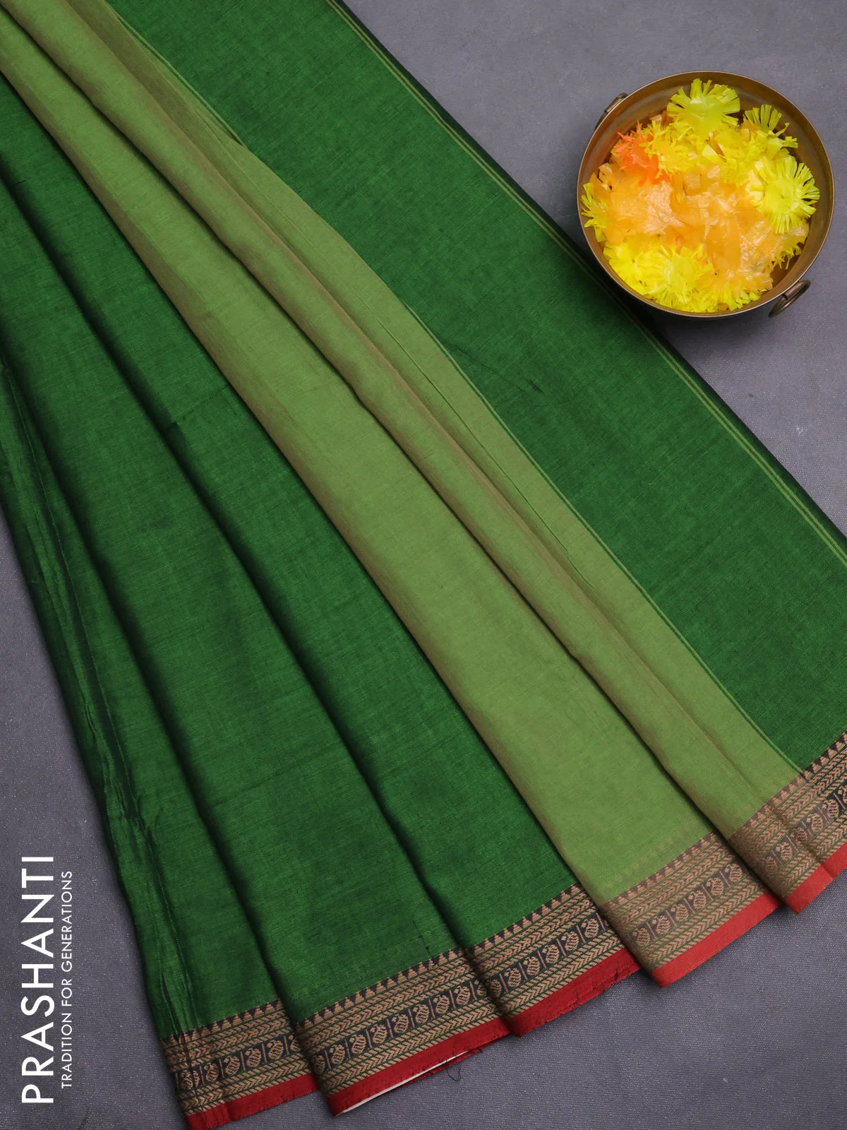 Narayanpet cotton saree green and rust shade with plain body and thread woven border