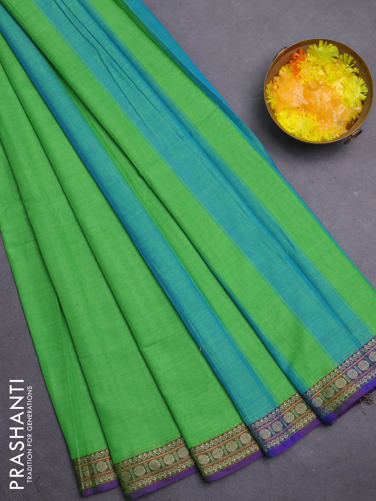 Narayanpet cotton saree green and violet with plain body and thread woven border