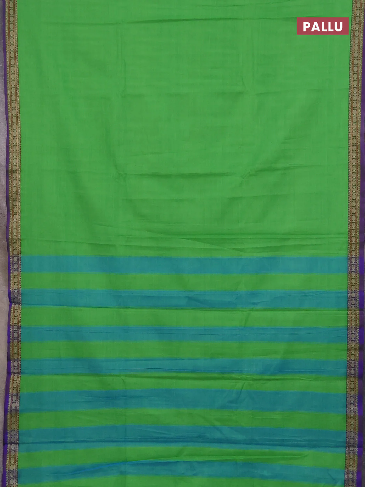 Narayanpet cotton saree green and violet with plain body and thread woven border - Image 3