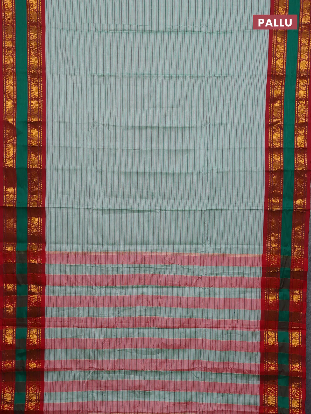 Narayanpet cotton saree green shade and maroon with allover thread weaves and rettapet zari woven border - Image 3