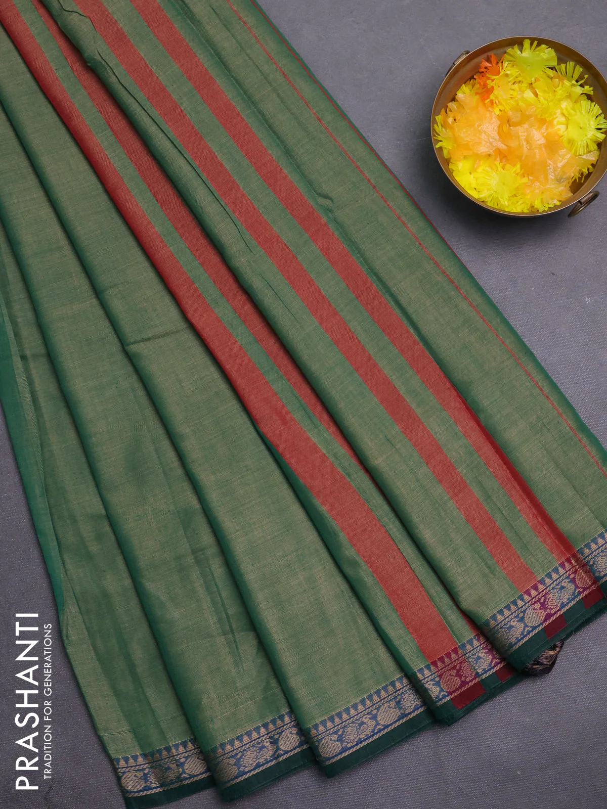 Narayanpet cotton saree green with plain body and thread woven border