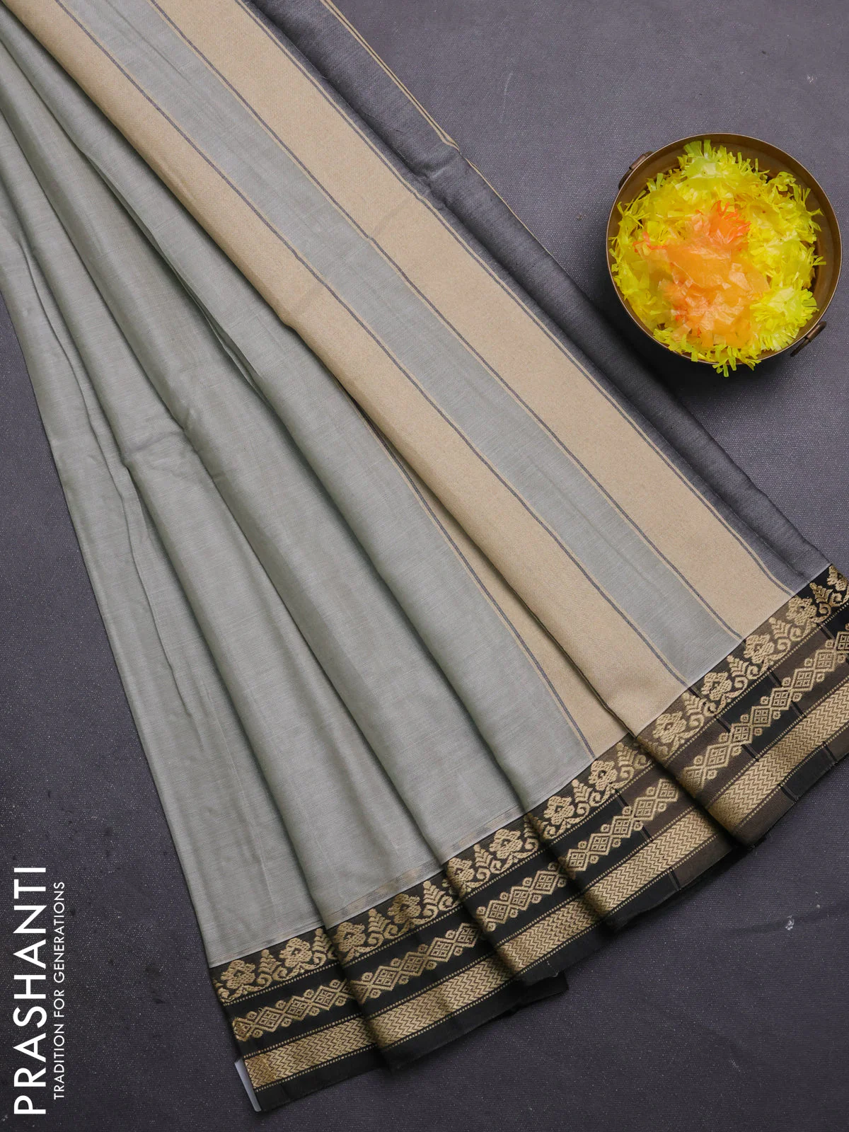 Narayanpet cotton saree grey and black with plain body and thread woven border